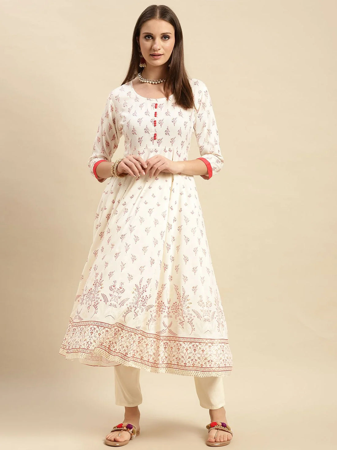 Buy Rayon Contrast Button Buta Printed Calf Length Partywear Flared Kurta-Cream