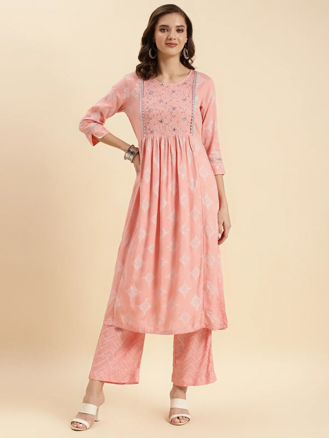 Buy Rayon Calf Length Floral Embroidered Flared Kurta With Pant-Peach