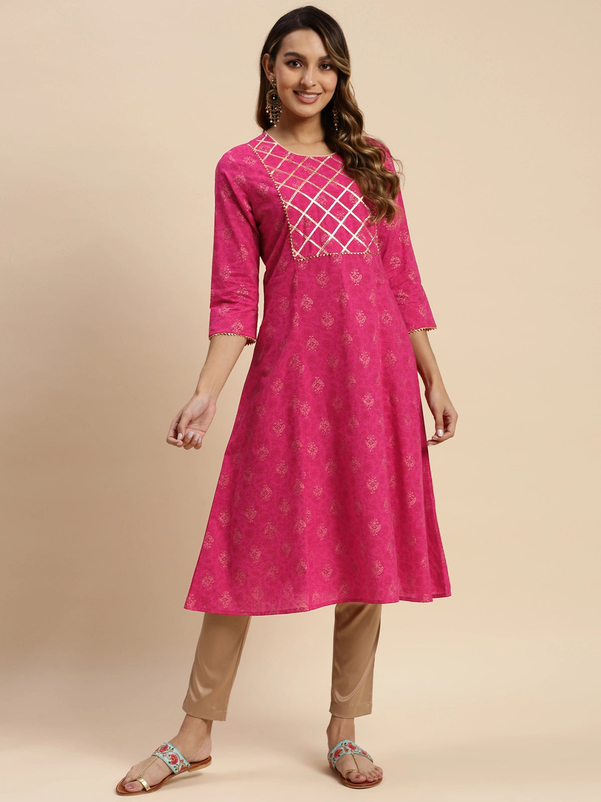 Buy 100% Cotton Gota Lace At Yoke Calf Length Kalidar Kurta-Pink