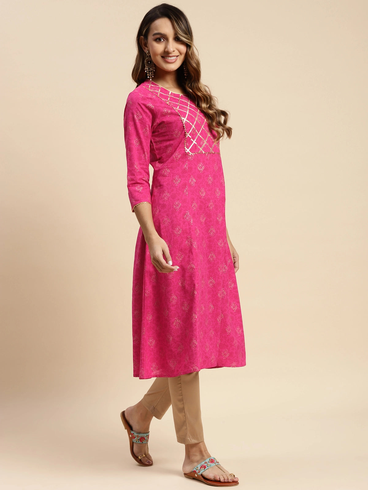 Buy 100% Cotton Gota Lace At Yoke Calf Length Kalidar Kurta-Pink