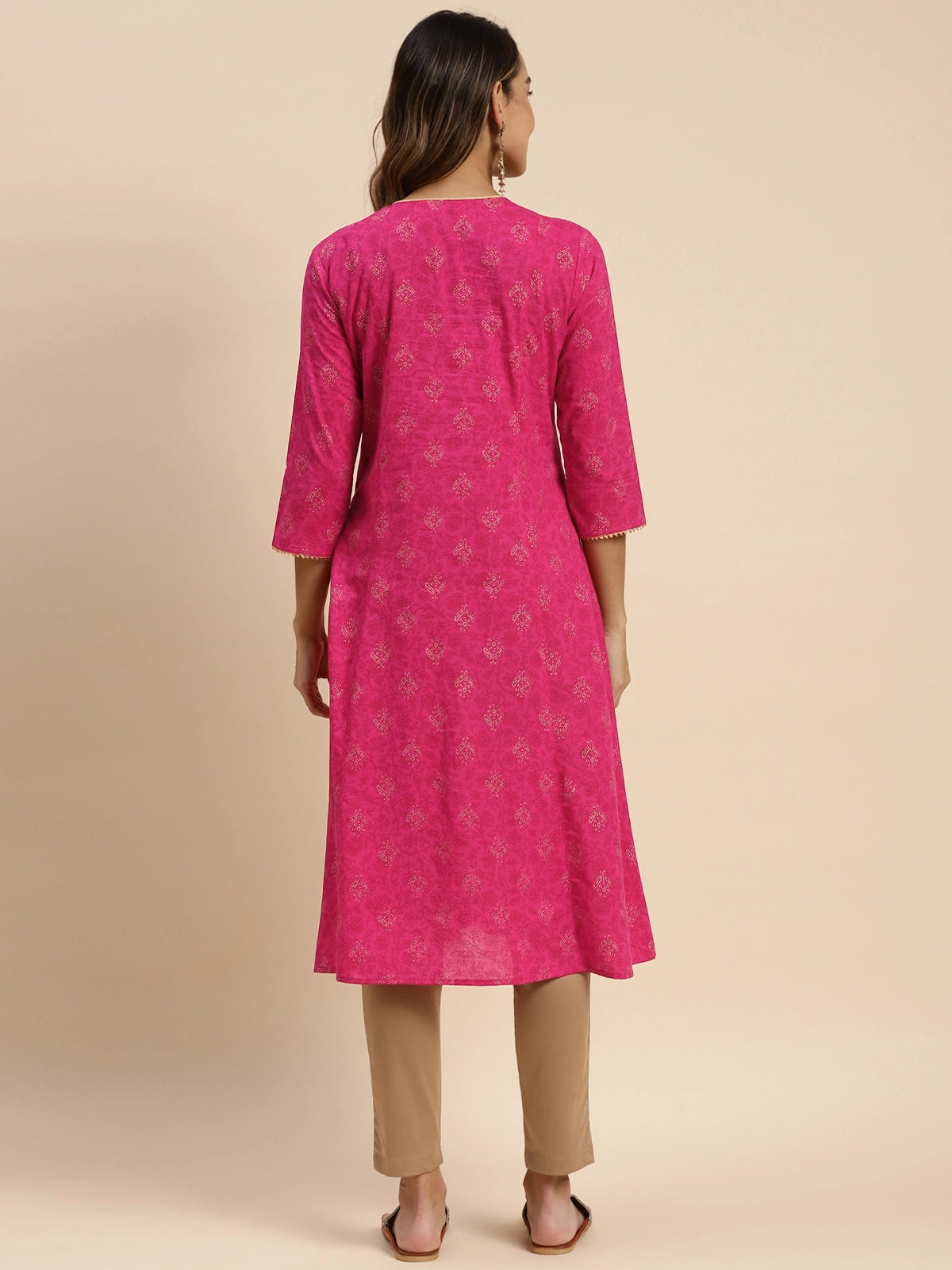 Buy 100% Cotton Gota Lace At Yoke Calf Length Kalidar Kurta-Pink