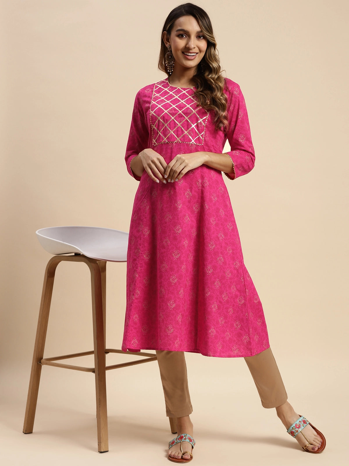 Buy 100% Cotton Gota Lace At Yoke Calf Length Kalidar Kurta-Pink