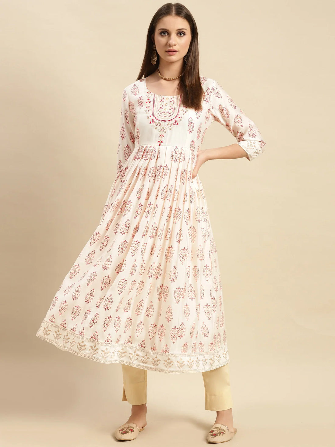 Buy Yoke Embroidered Buta Print Calf Length Anarkali Kurta-Off White