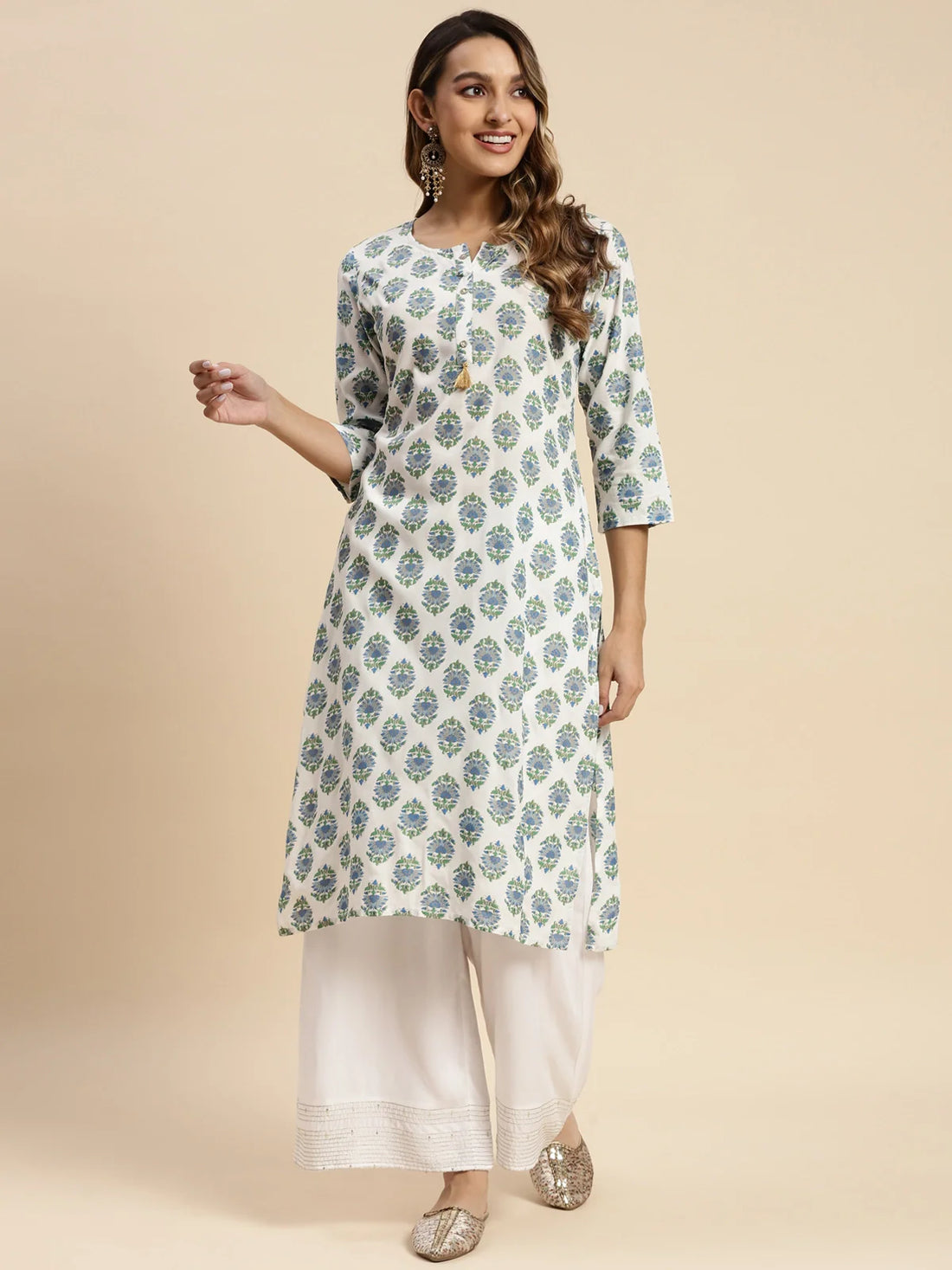 Buy Rayon All Over Floral Printed Calf Length A-line Kurta-White