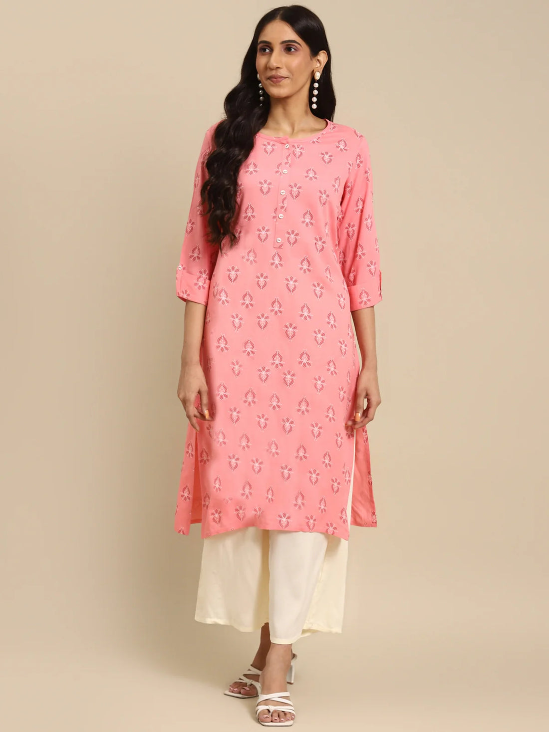 Buy Rayon Buta Printed Calf Length A-line Kurta-Pink