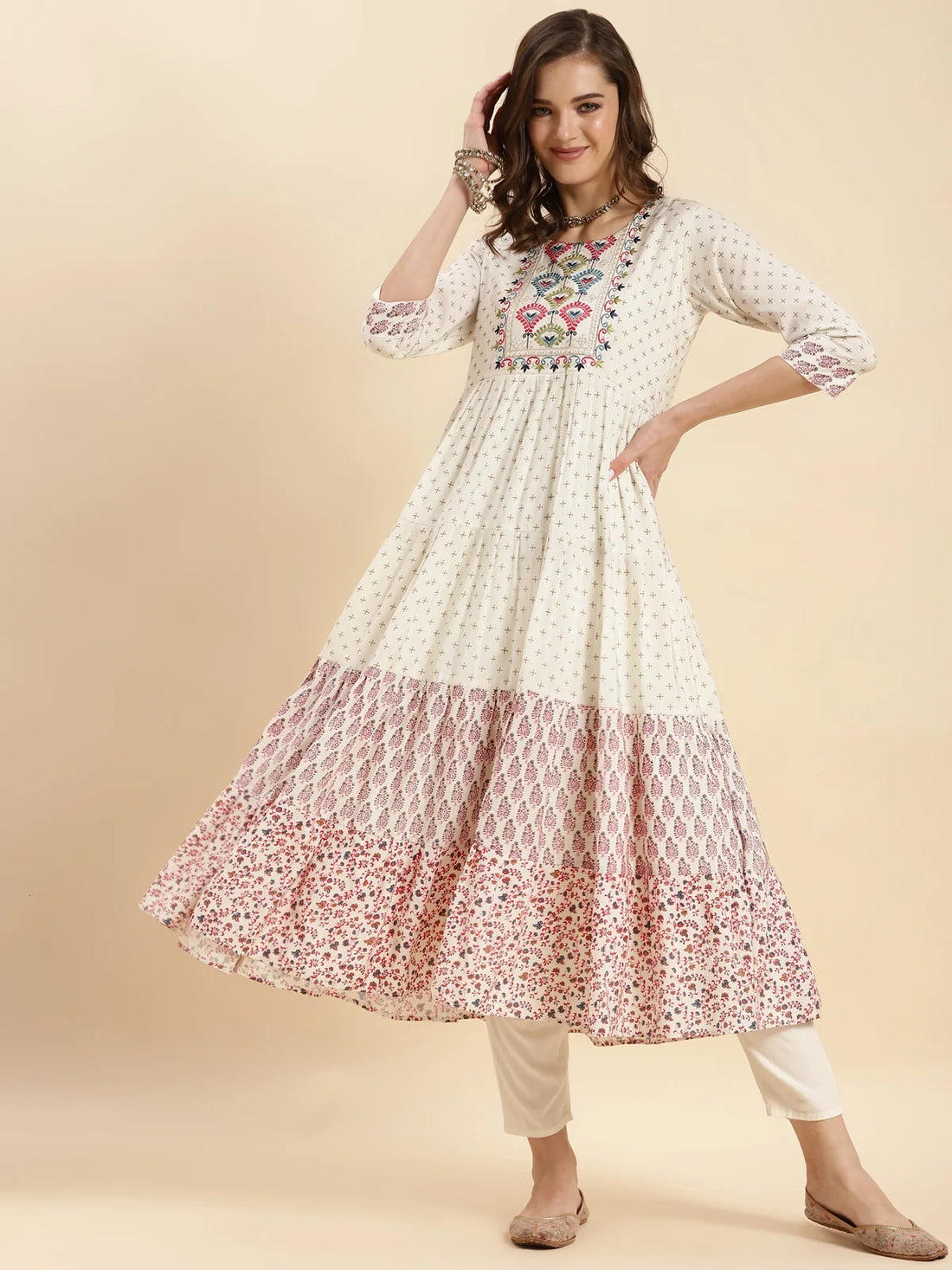 Buy Rayon Embroidered Calf Length Tiered Flared Kurta-Off White