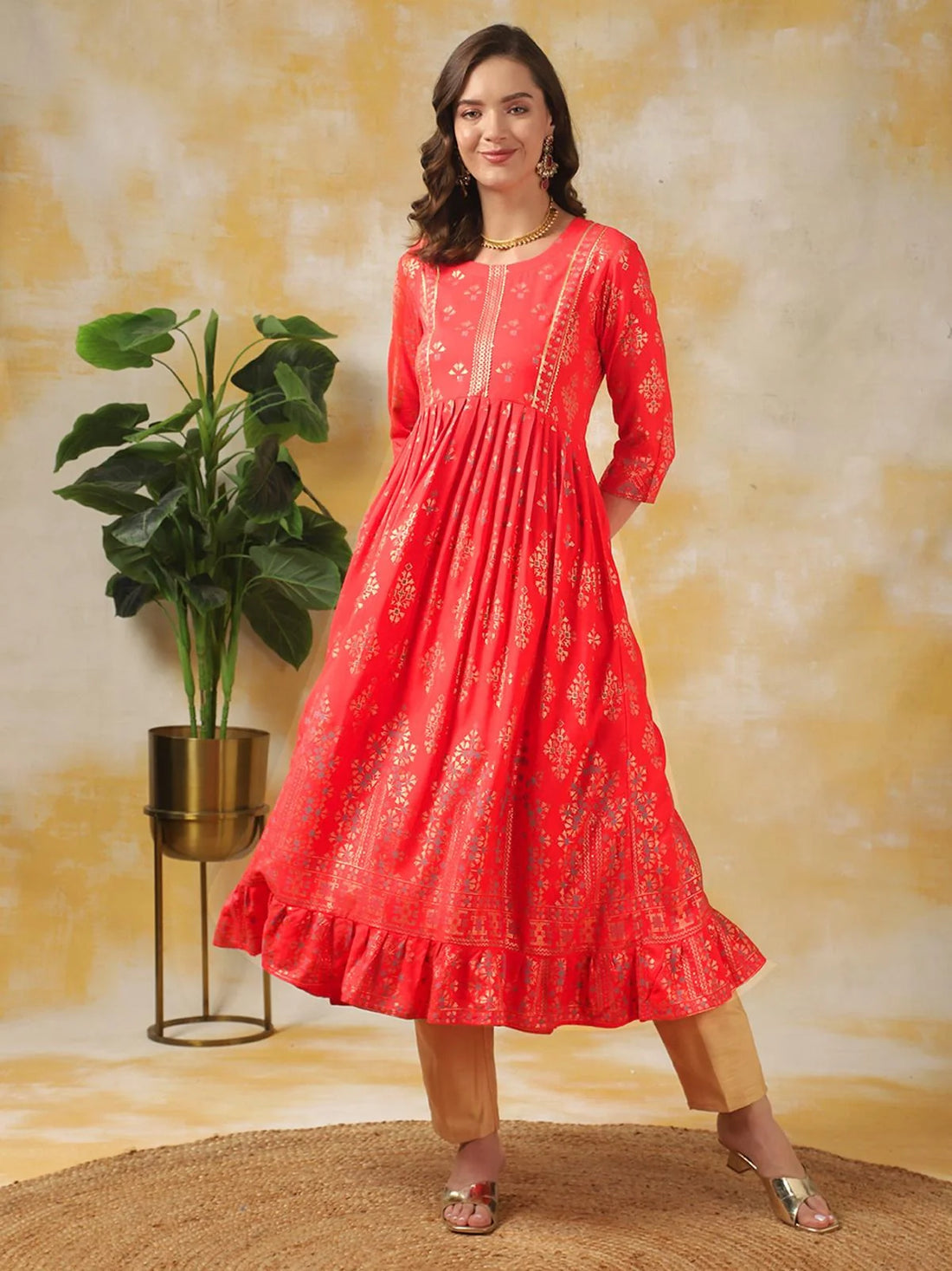 Buy Rayon Embellished Calf Length Anarkali Kurta-Coral