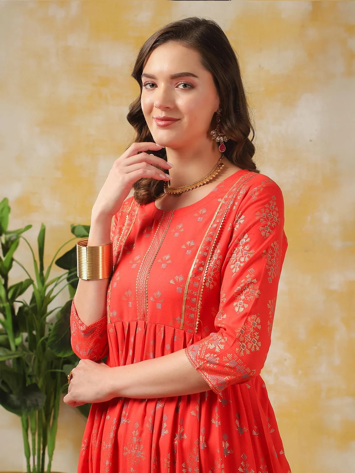 Buy Rayon Embellished Calf Length Anarkali Kurta-Coral