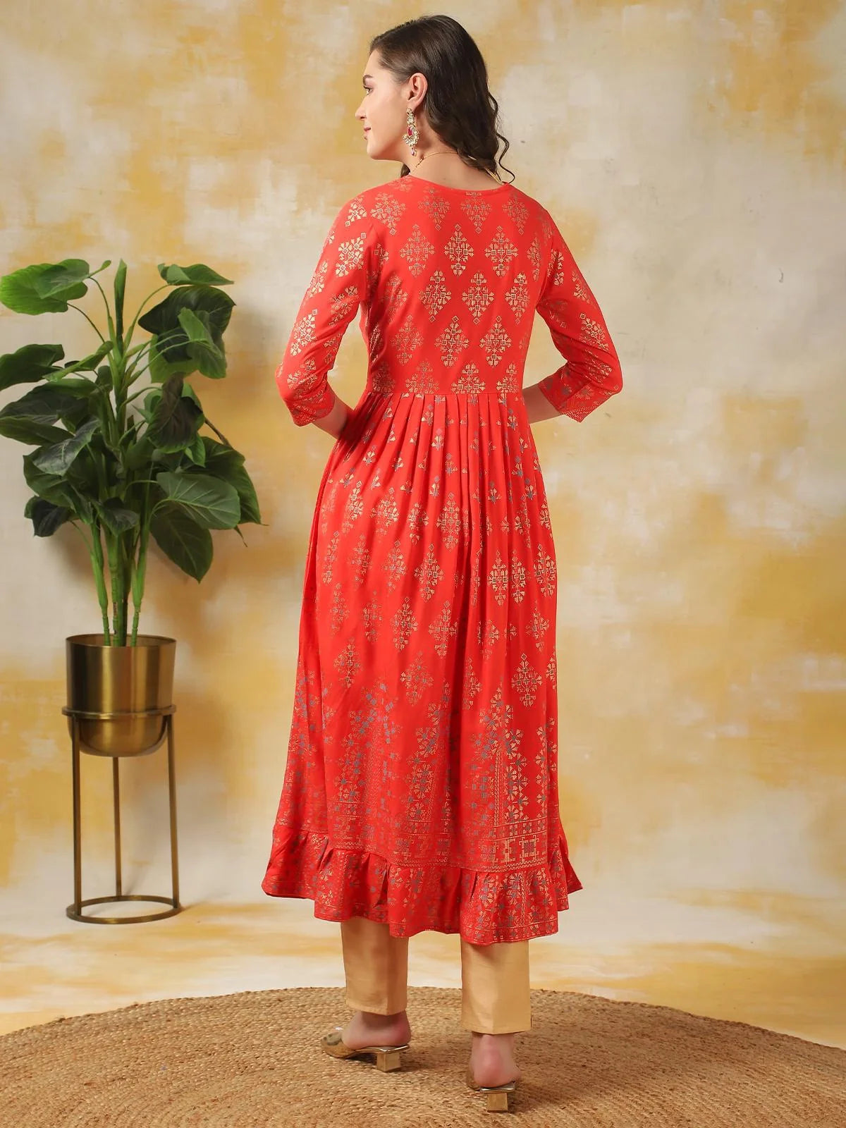 Buy Rayon Embellished Calf Length Anarkali Kurta-Coral