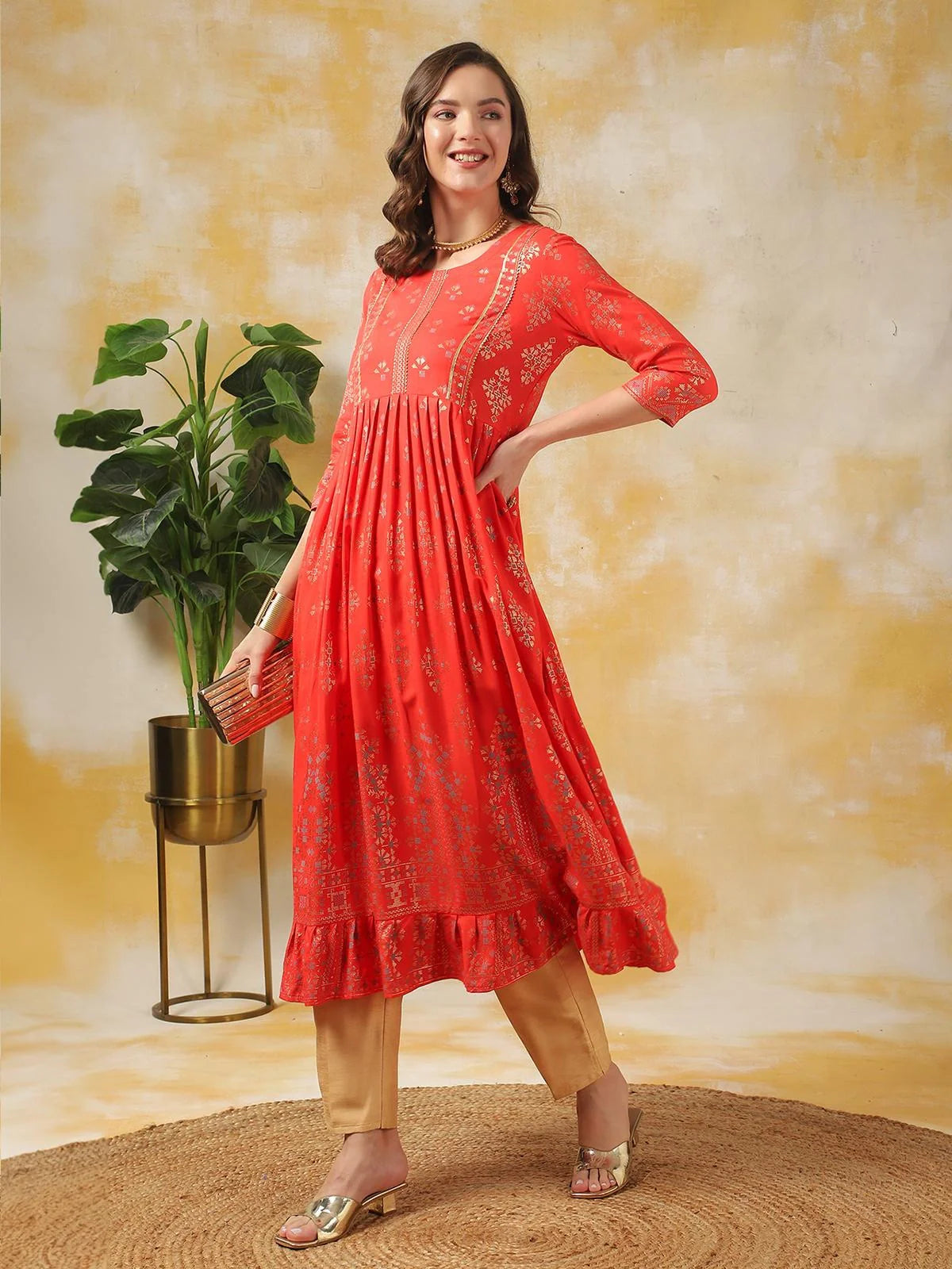 Buy Rayon Embellished Calf Length Anarkali Kurta-Coral