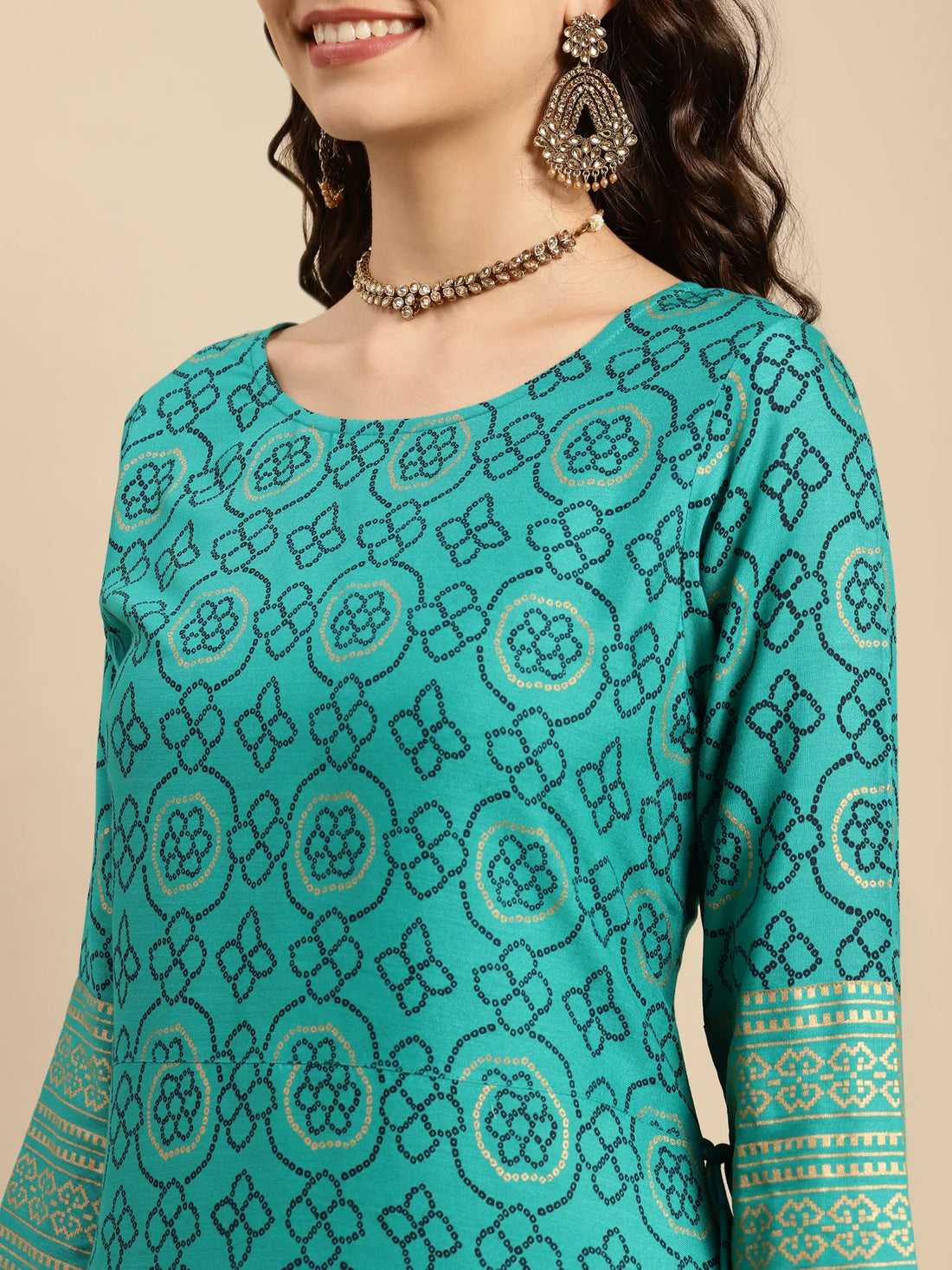 Buy Rayon Gold Printed Calf Length Partywear A-line Kurta With Palazzo-Green