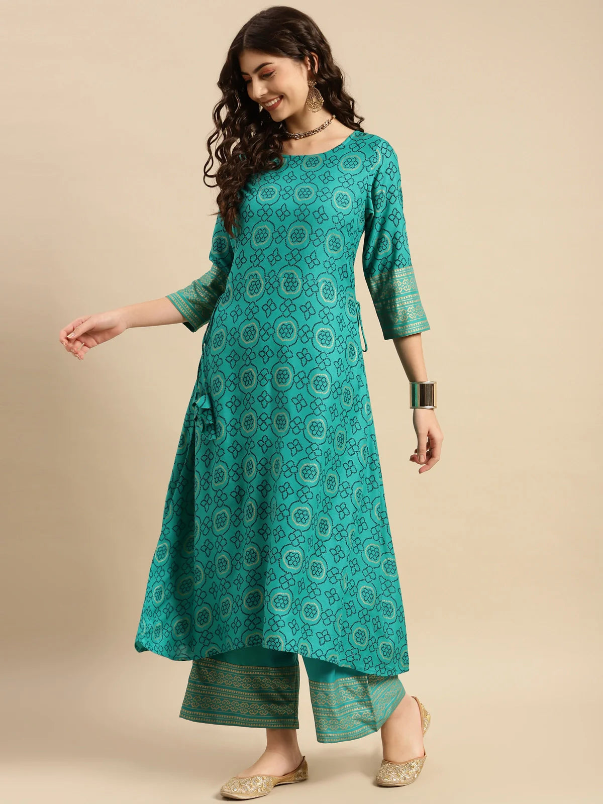 Buy Rayon Gold Printed Calf Length Partywear A-line Kurta With Palazzo-Green