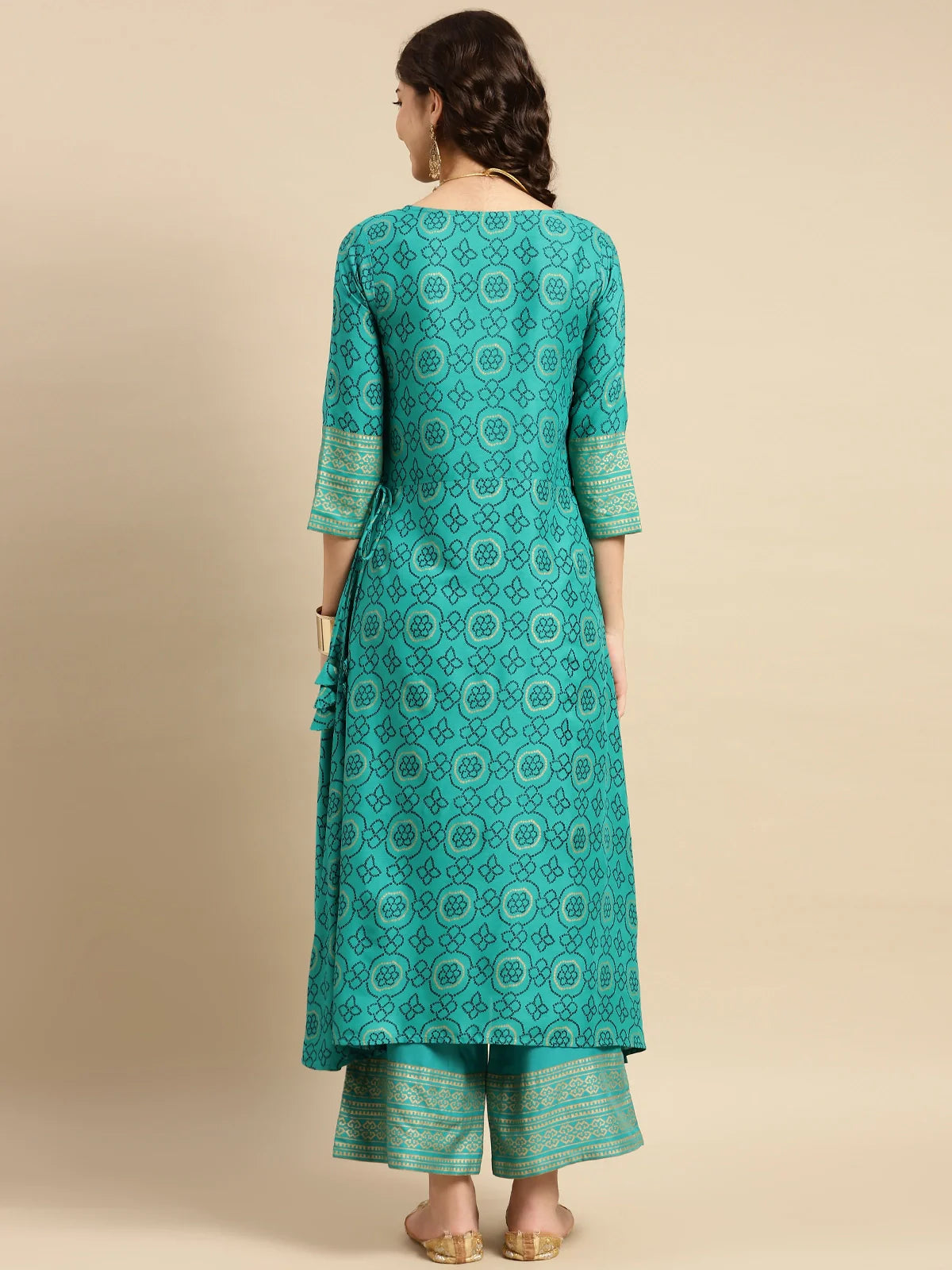 Buy Rayon Gold Printed Calf Length Partywear A-line Kurta With Palazzo-Green