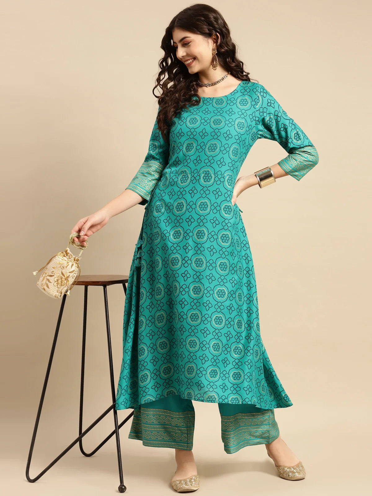 Buy Rayon Gold Printed Calf Length Partywear A-line Kurta With Palazzo-Green