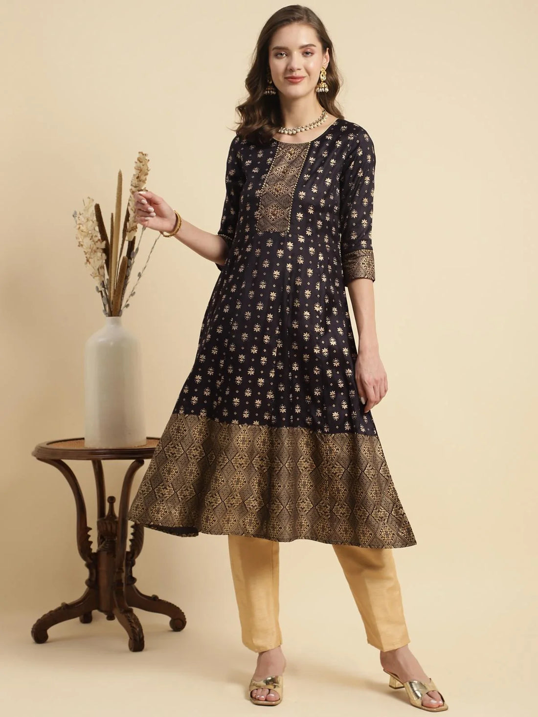 Buy Ethnic Printed Calf Length Flared Kurta-Black