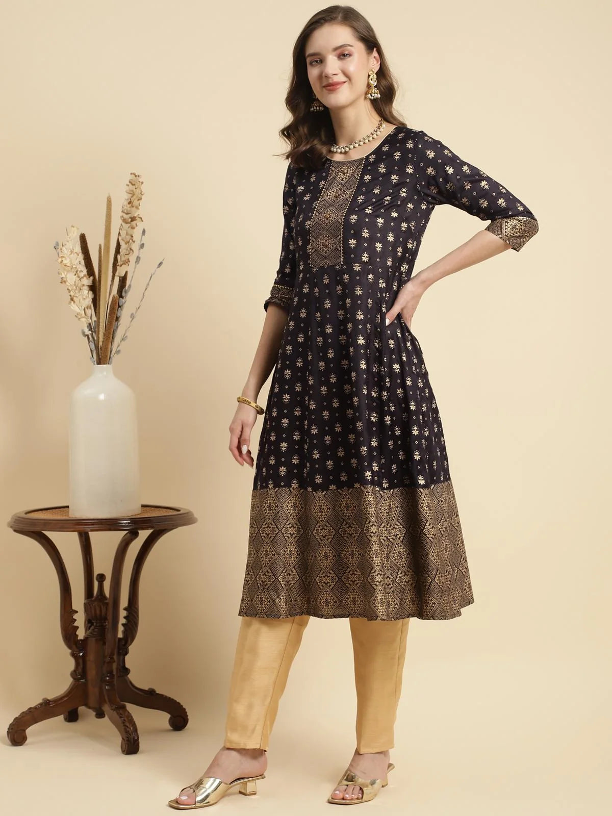 Buy Ethnic Printed Calf Length Flared Kurta-Black