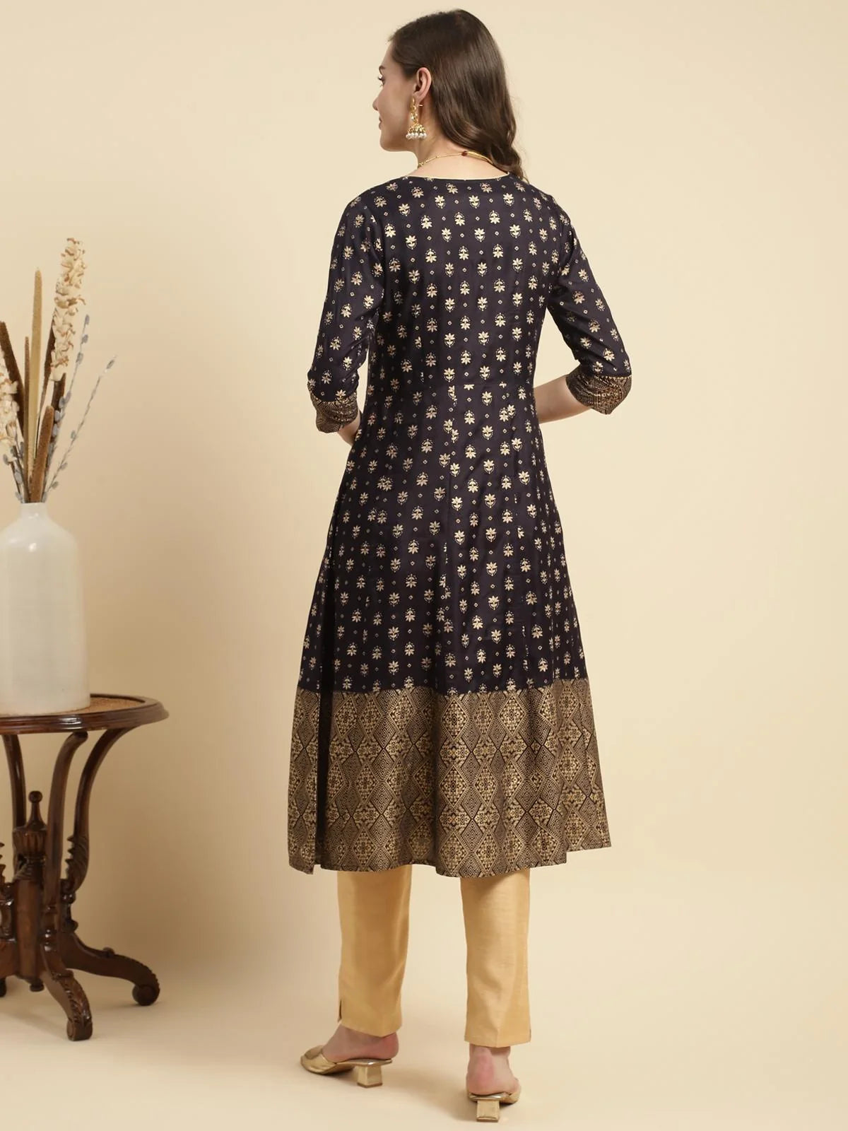 Buy Ethnic Printed Calf Length Flared Kurta-Black