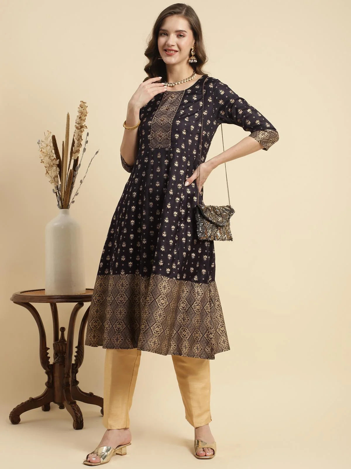 Buy Ethnic Printed Calf Length Flared Kurta-Black