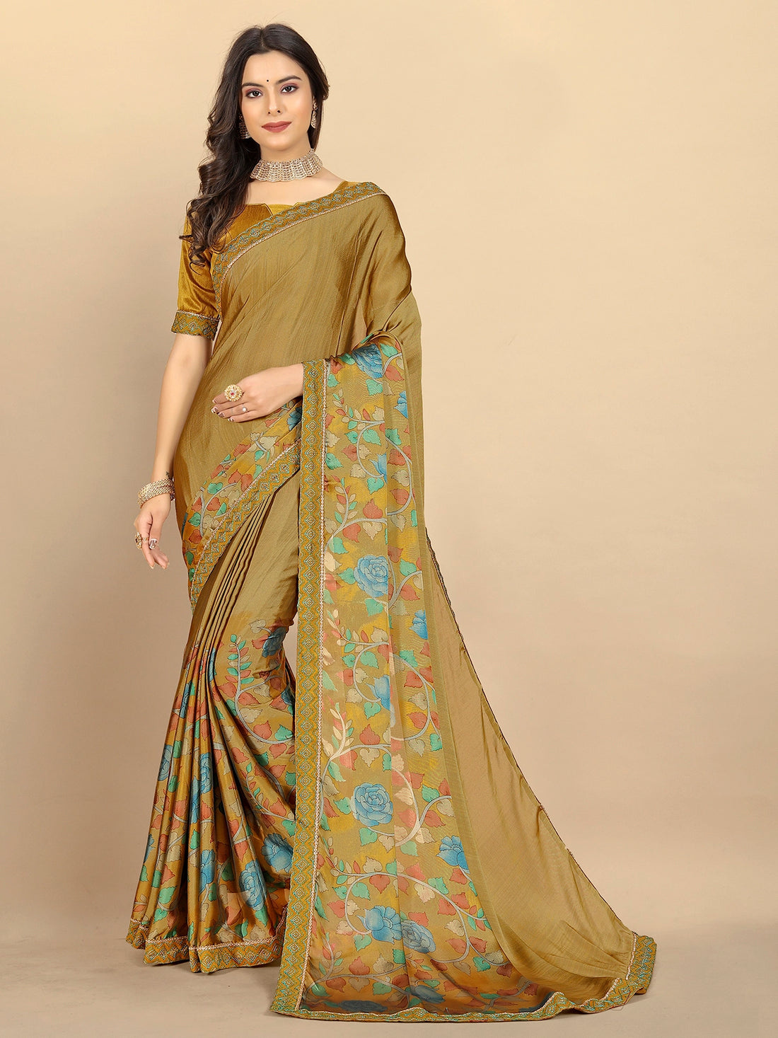 Buy Abstract Printed Georgette Saree With Blouse Piece-Camel