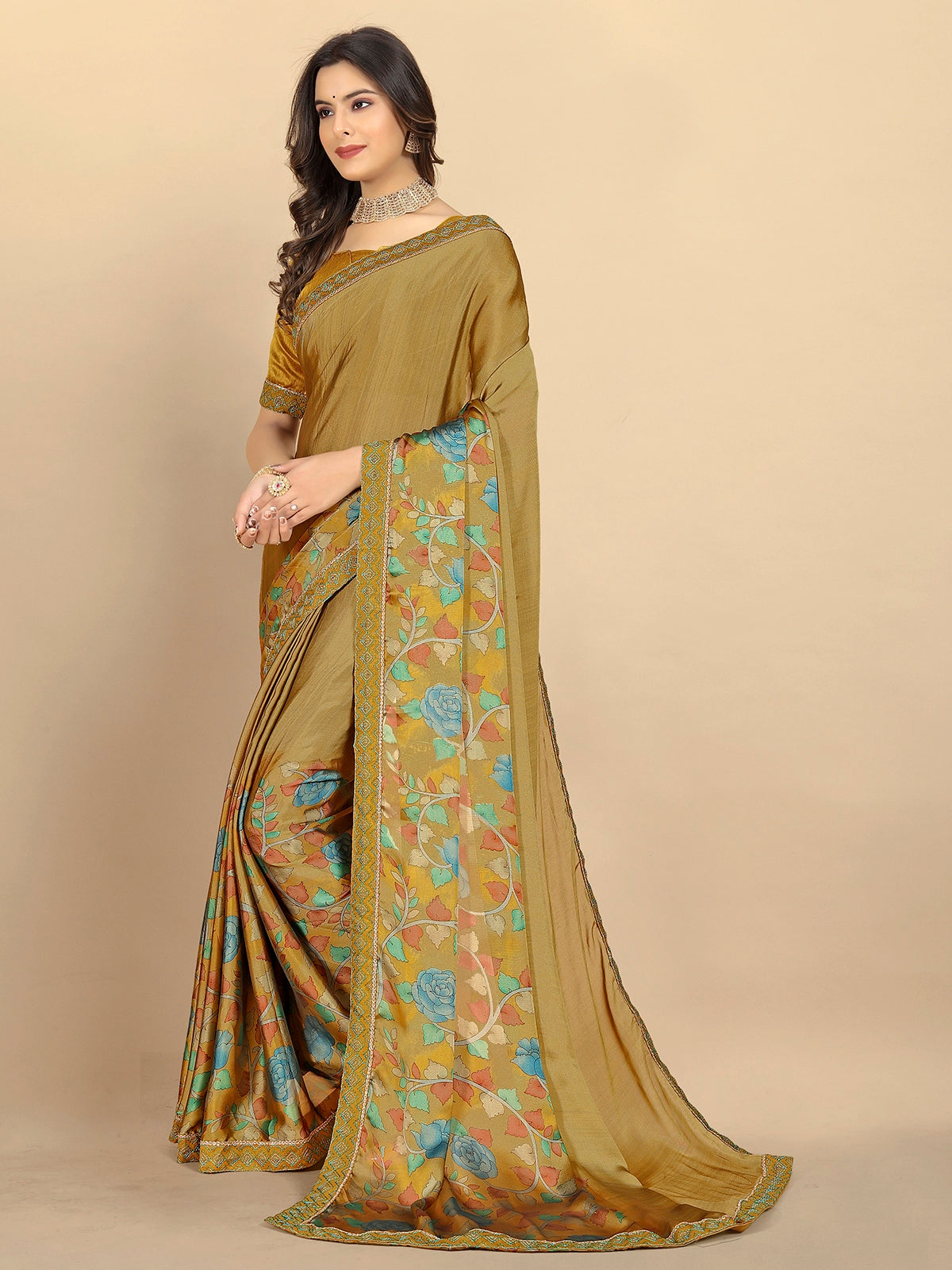 Buy Abstract Printed Georgette Saree With Blouse Piece-Camel