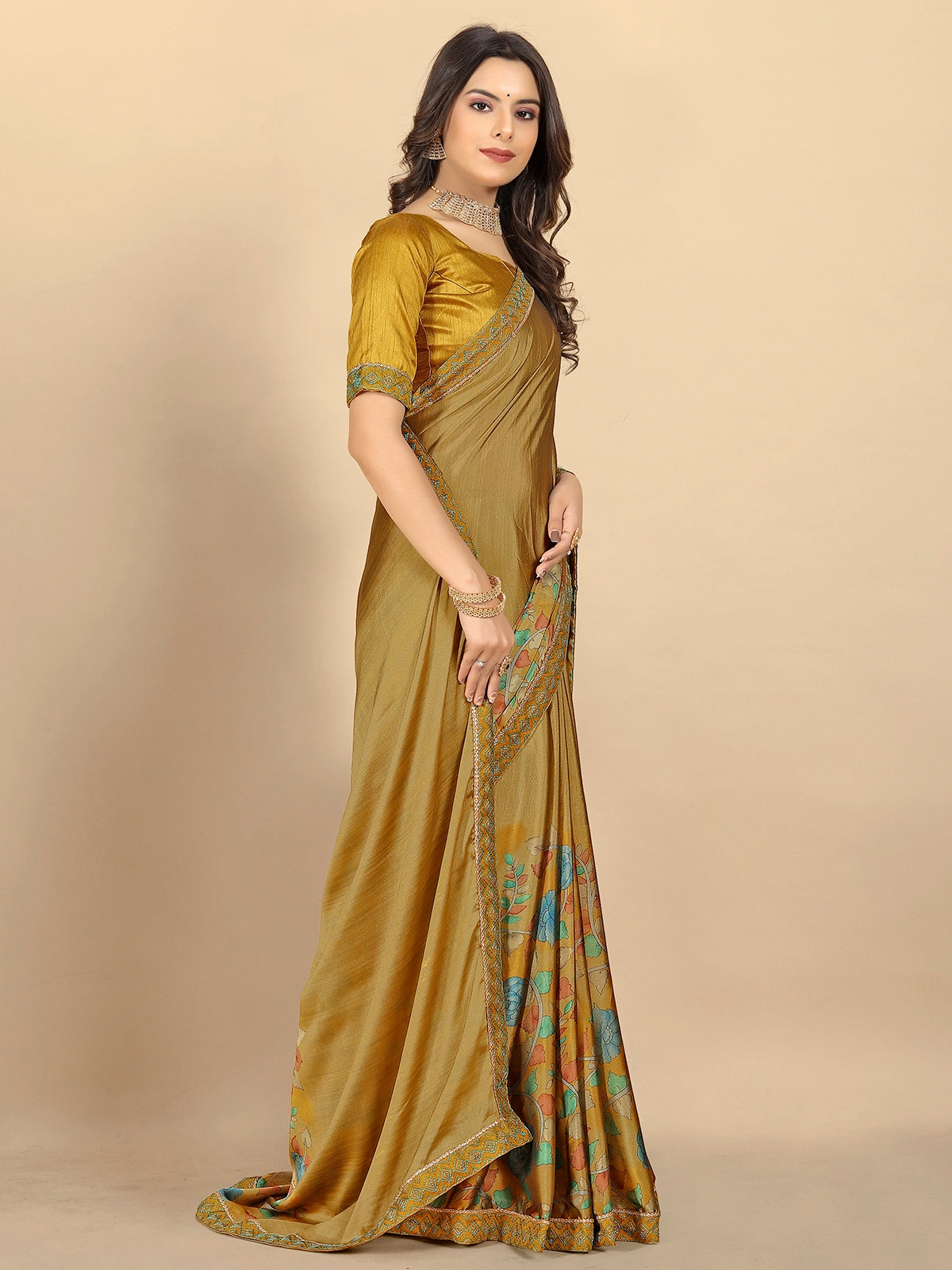 Buy Abstract Printed Georgette Saree With Blouse Piece-Camel