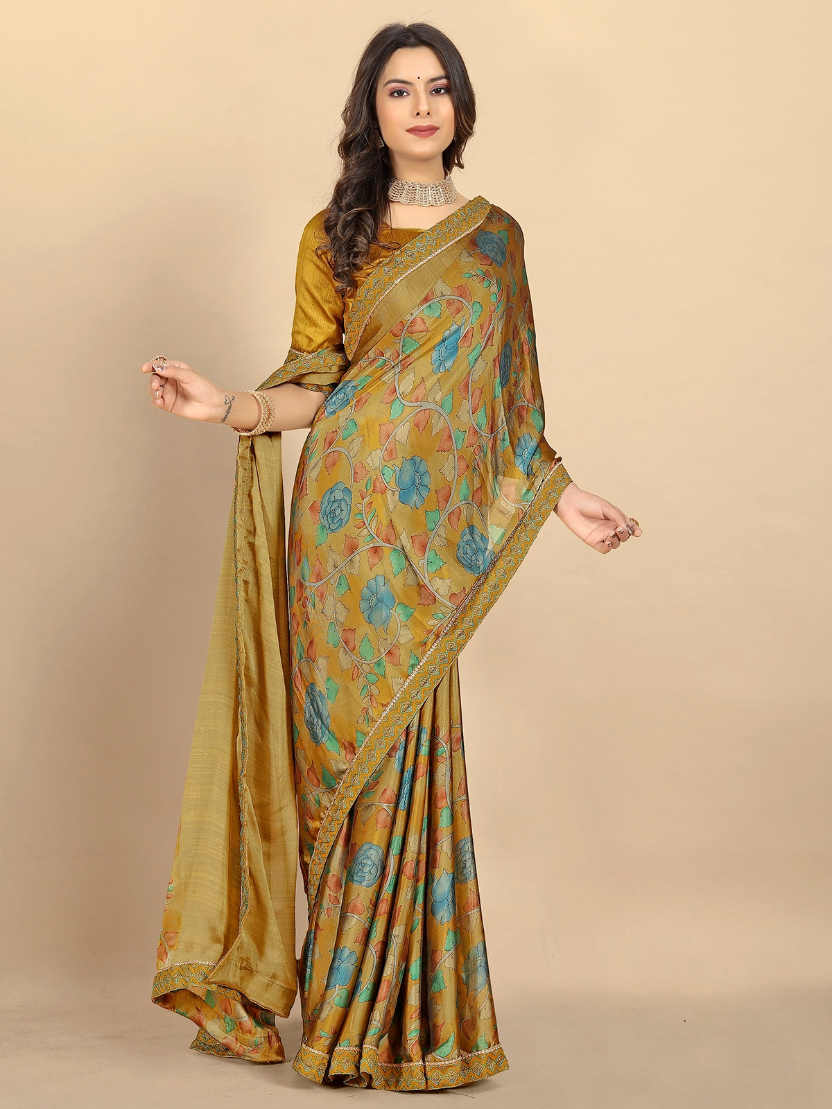 Buy Abstract Printed Georgette Saree With Blouse Piece-Camel