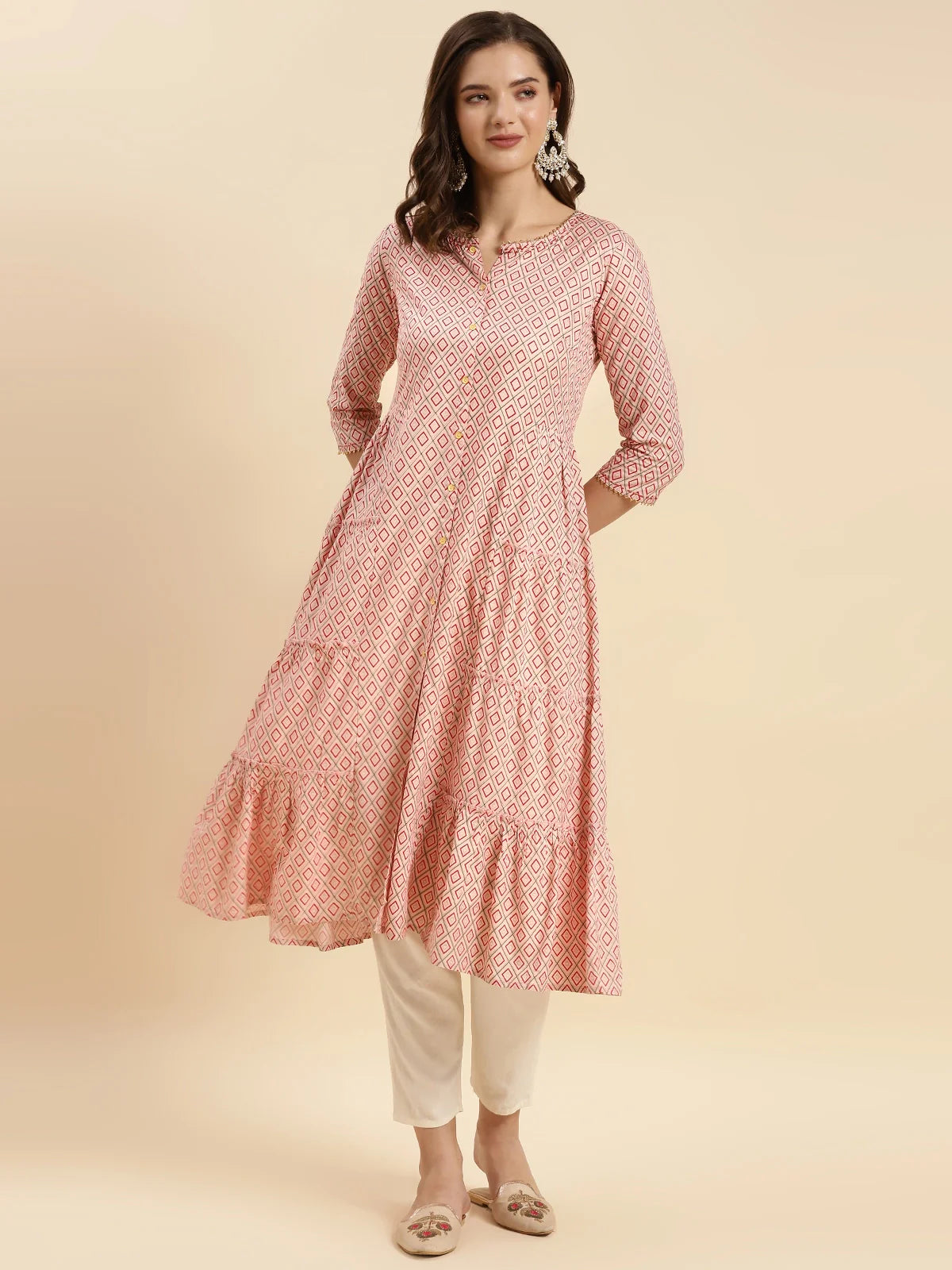 Buy Rayon Printed Calf Length A-line Kurta-Peach