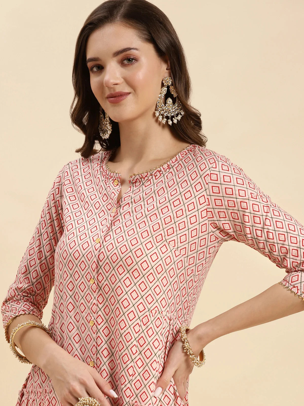 Buy Rayon Printed Calf Length A-line Kurta-Peach