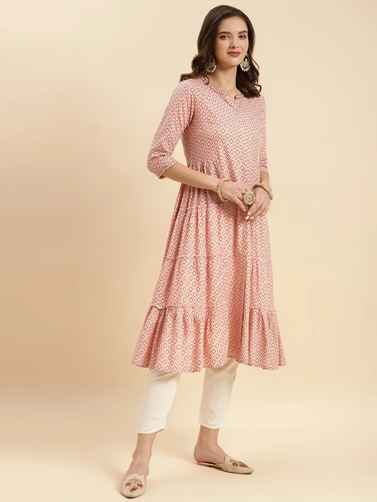 Buy Rayon Printed Calf Length A-line Kurta-Peach