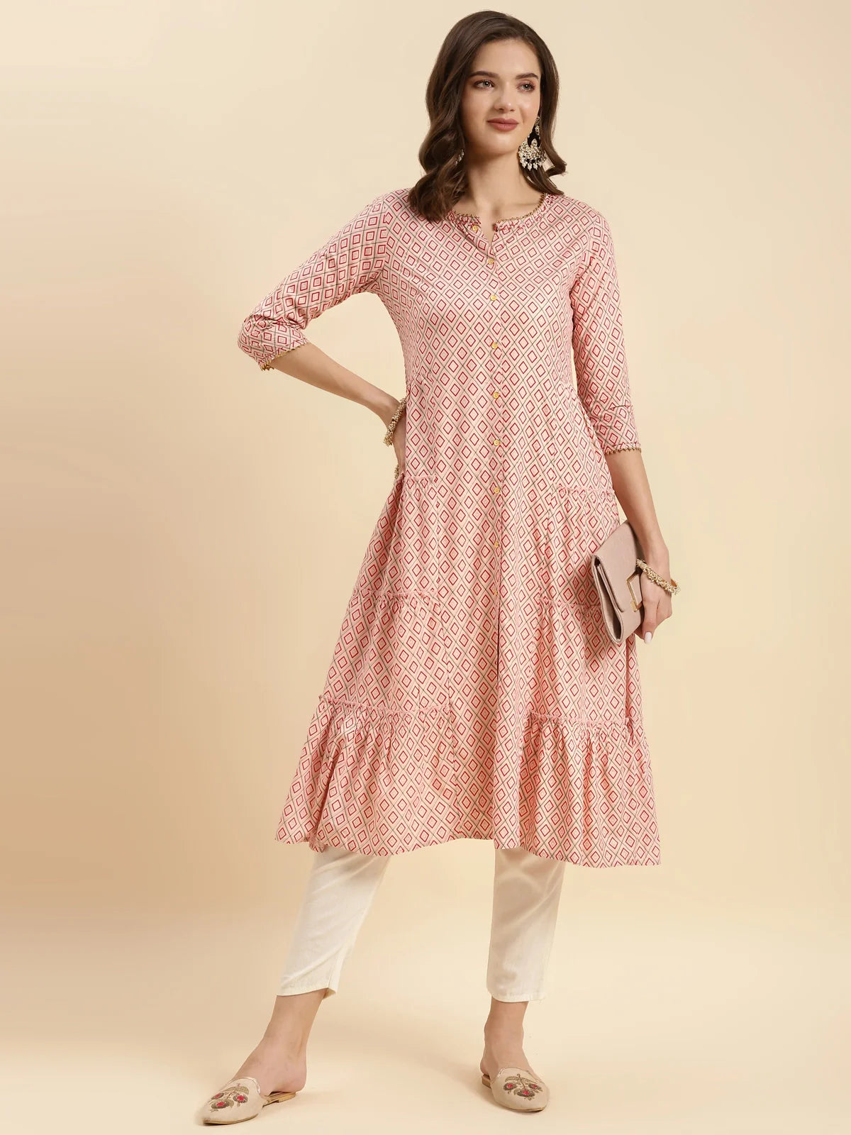 Buy Rayon Printed Calf Length A-line Kurta-Peach