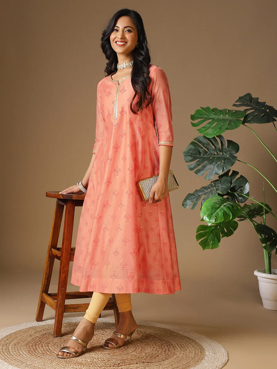 Buy Chanderi Embellished Calf Length Anarkali Kurta-Peach