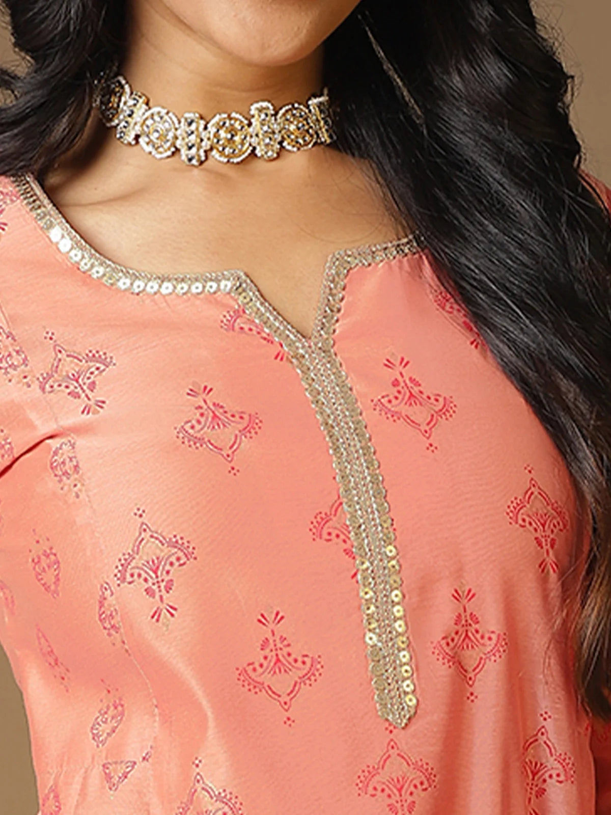 Buy Chanderi Embellished Calf Length Anarkali Kurta-Peach