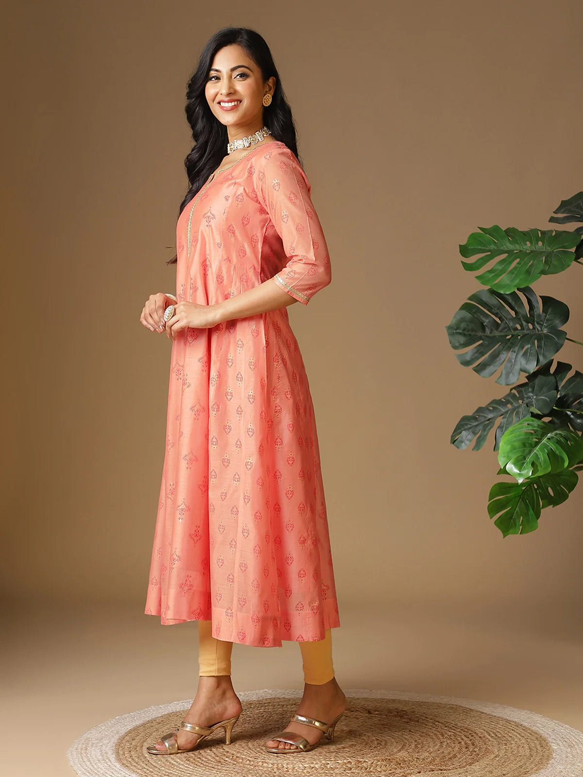 Buy Chanderi Embellished Calf Length Anarkali Kurta-Peach