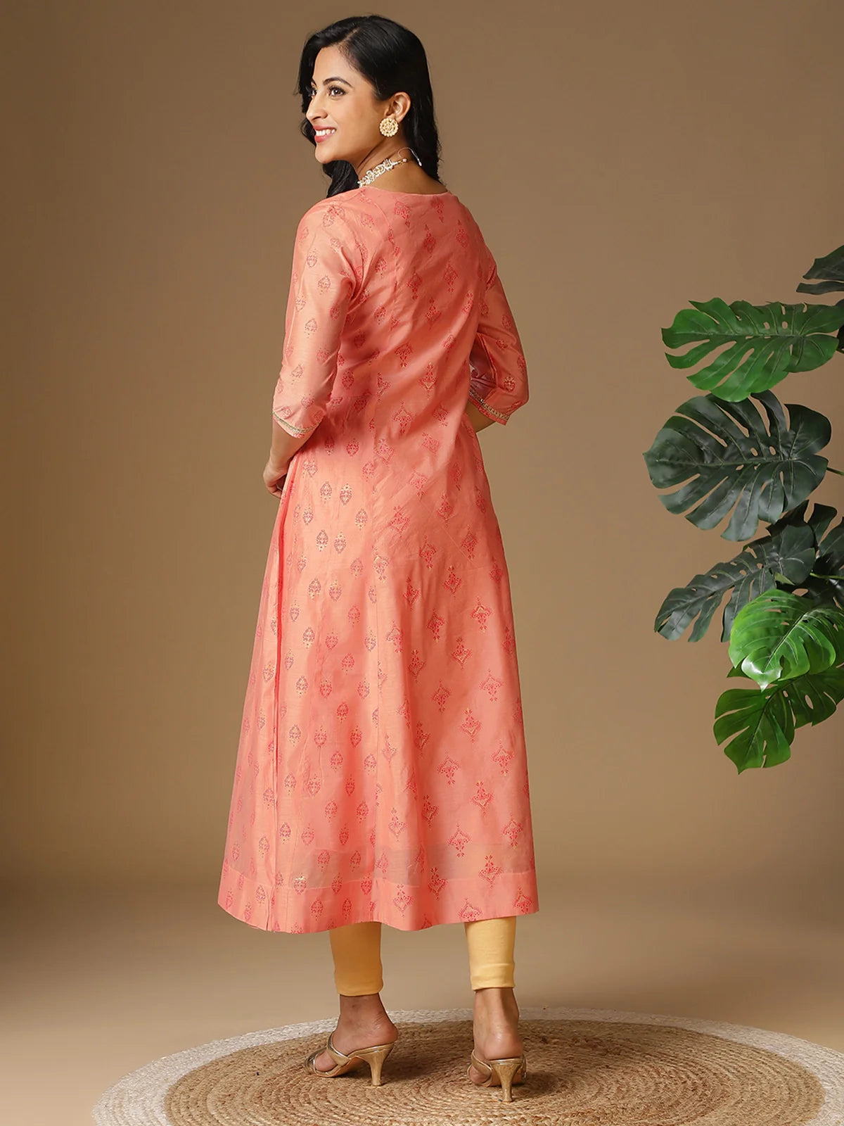 Buy Chanderi Embellished Calf Length Anarkali Kurta-Peach