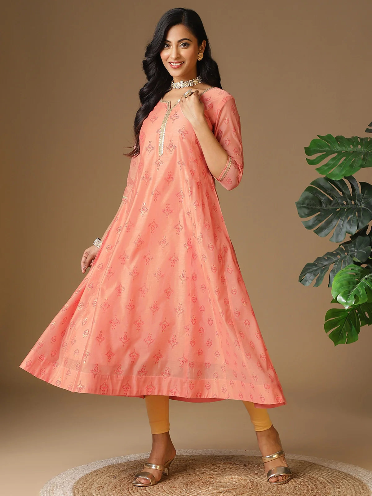 Buy Chanderi Embellished Calf Length Anarkali Kurta-Peach