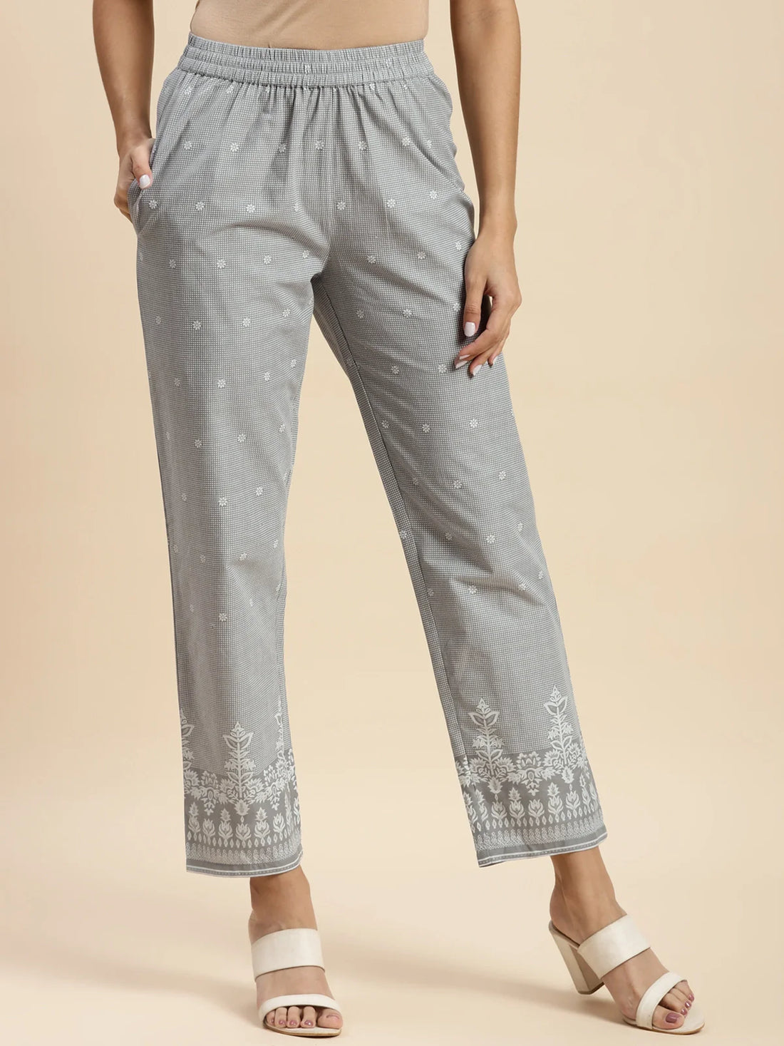 Buy 100% Cotton Printed Ankle Length Straight Pant-Light Grey