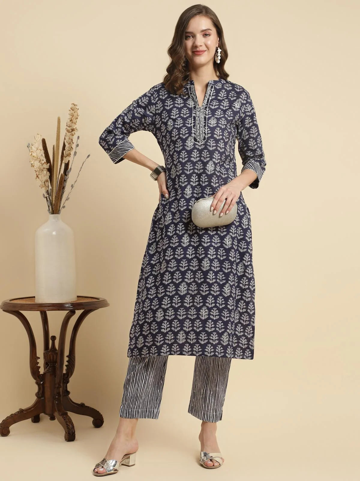 Buy Cotton Floral Printed Calf Length Straight Kurta With Pant-Indigo