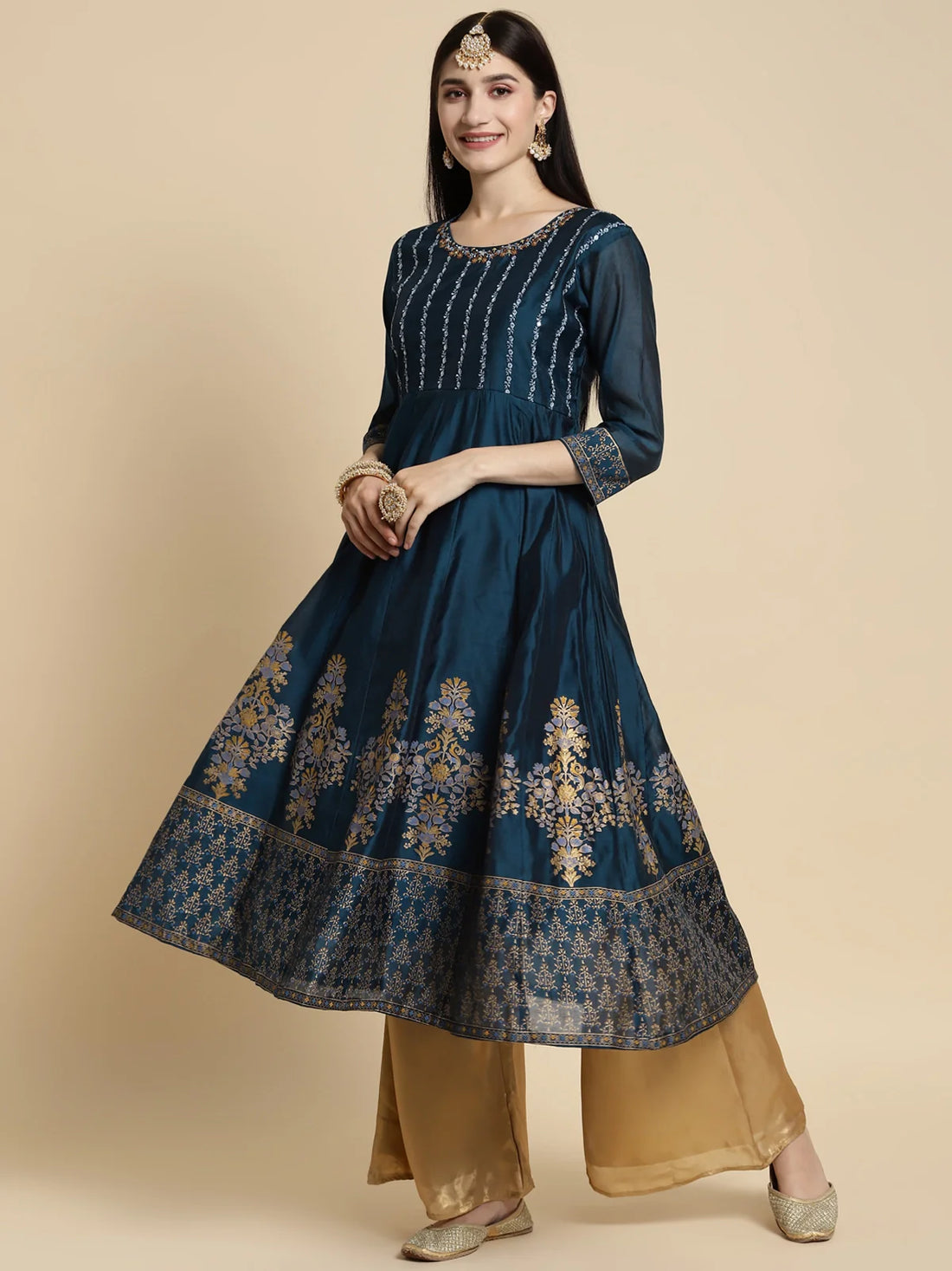 Buy Chanderi Yoke Embroidered Gold Printed Calf Length Anarkali Kurta-Teal