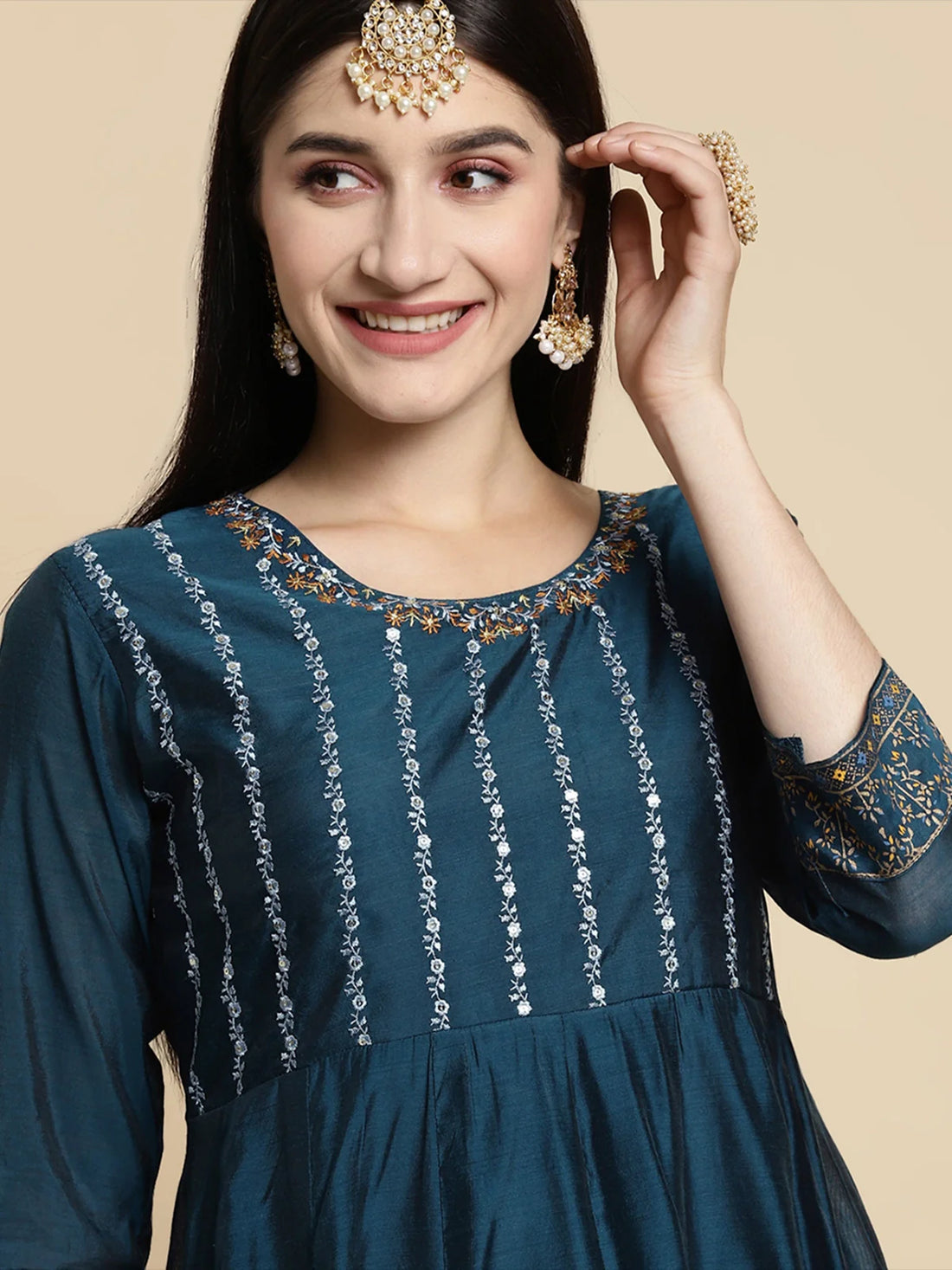 Buy Chanderi Yoke Embroidered Gold Printed Calf Length Anarkali Kurta-Teal