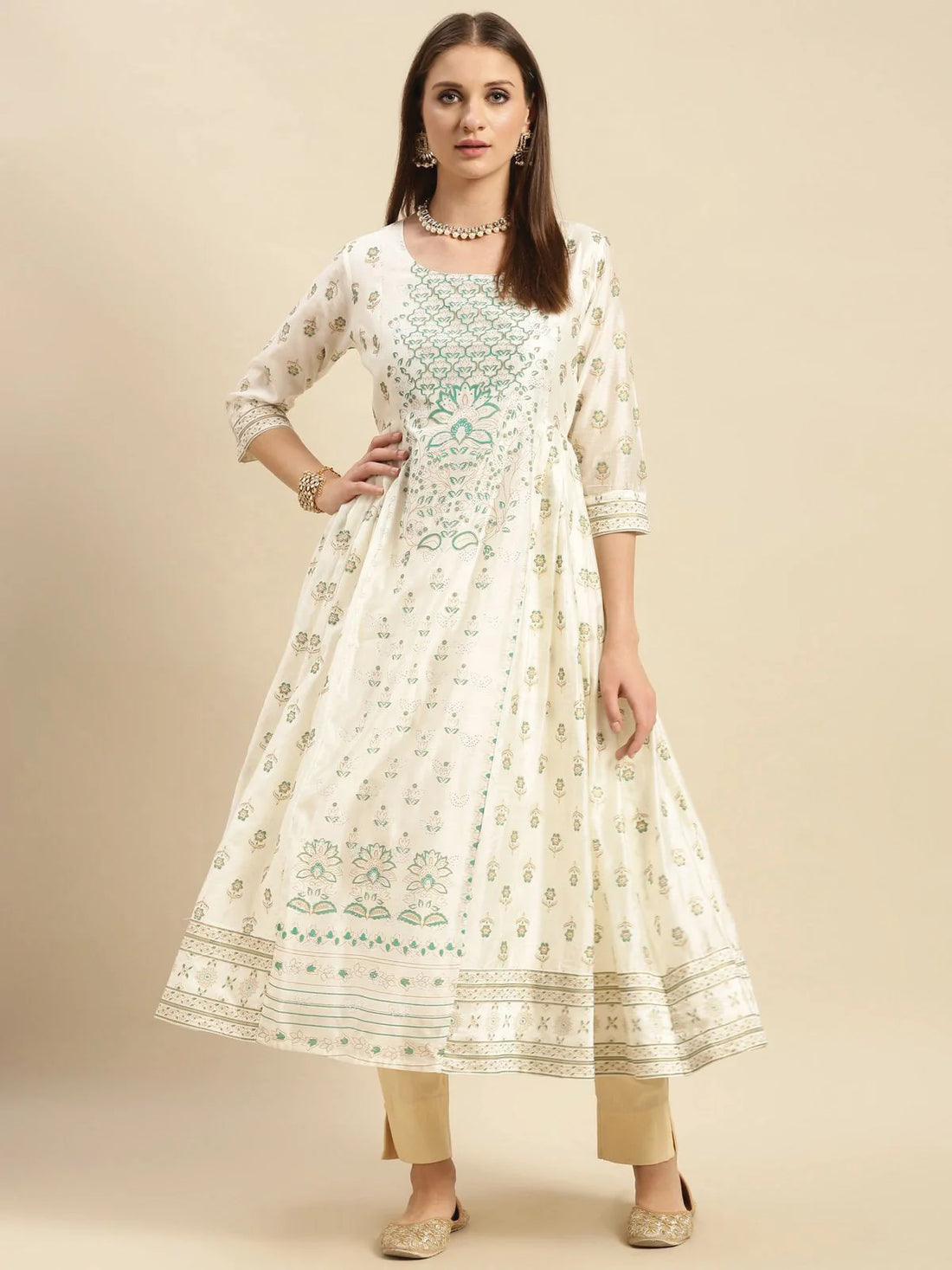 Buy Stone Work Placement Printed Calf Length Partywear Kurta With Gathers At Side-Off White