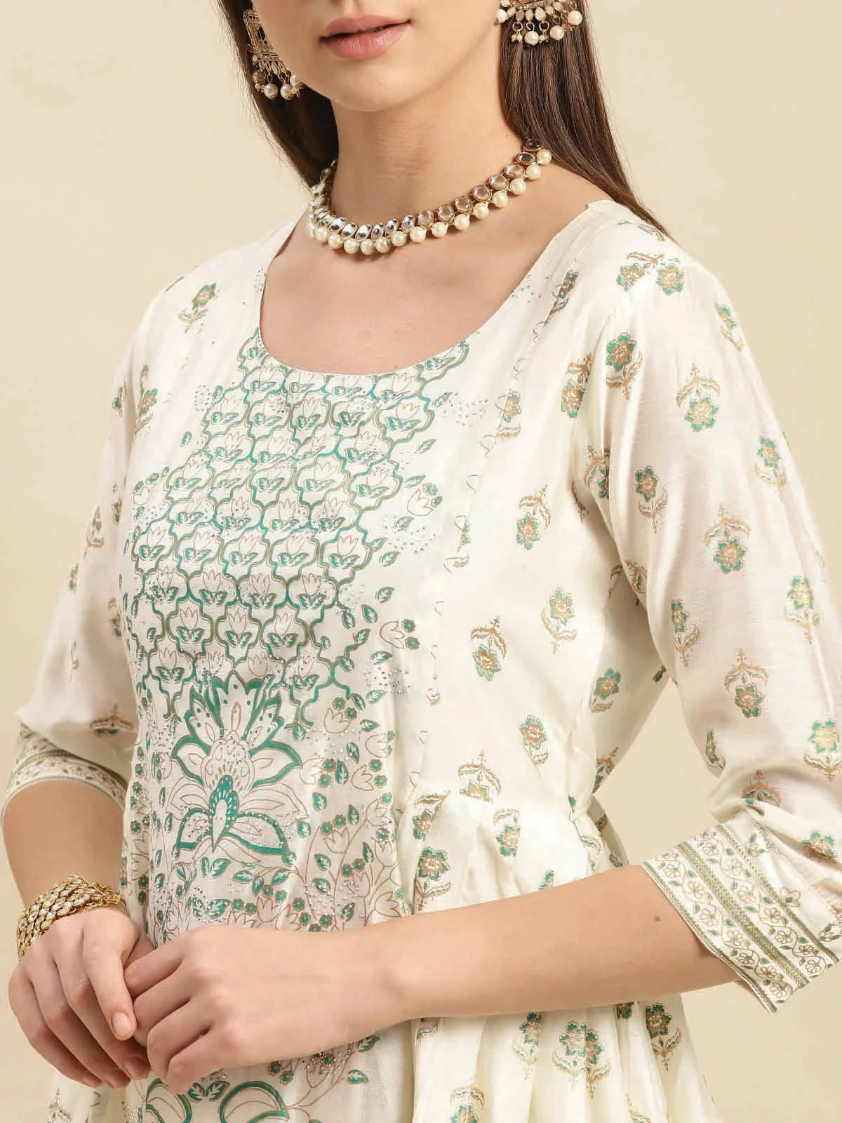 Buy Stone Work Placement Printed Calf Length Partywear Kurta With Gathers At Side-Off White