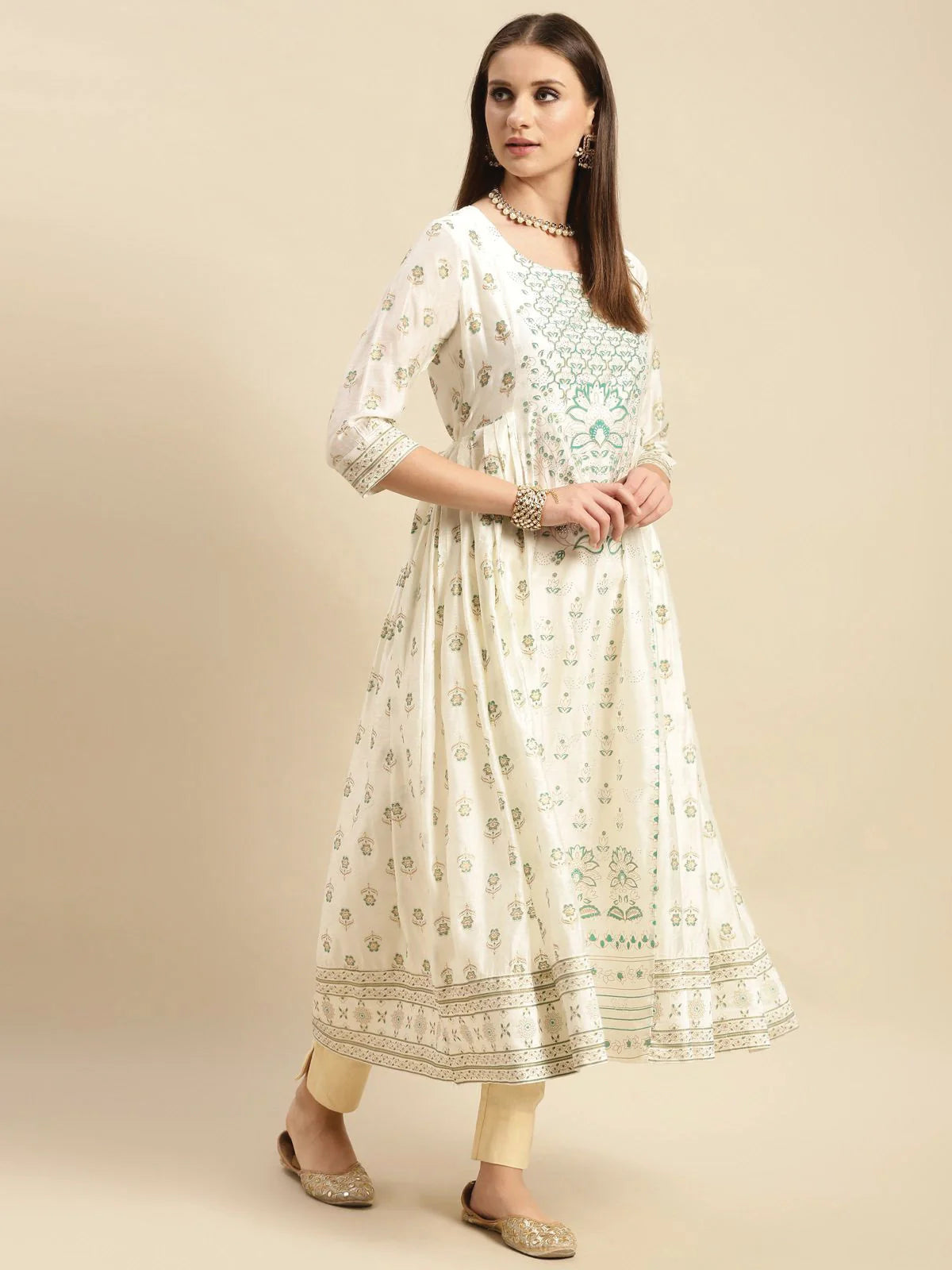 Buy Stone Work Placement Printed Calf Length Partywear Kurta With Gathers At Side-Off White