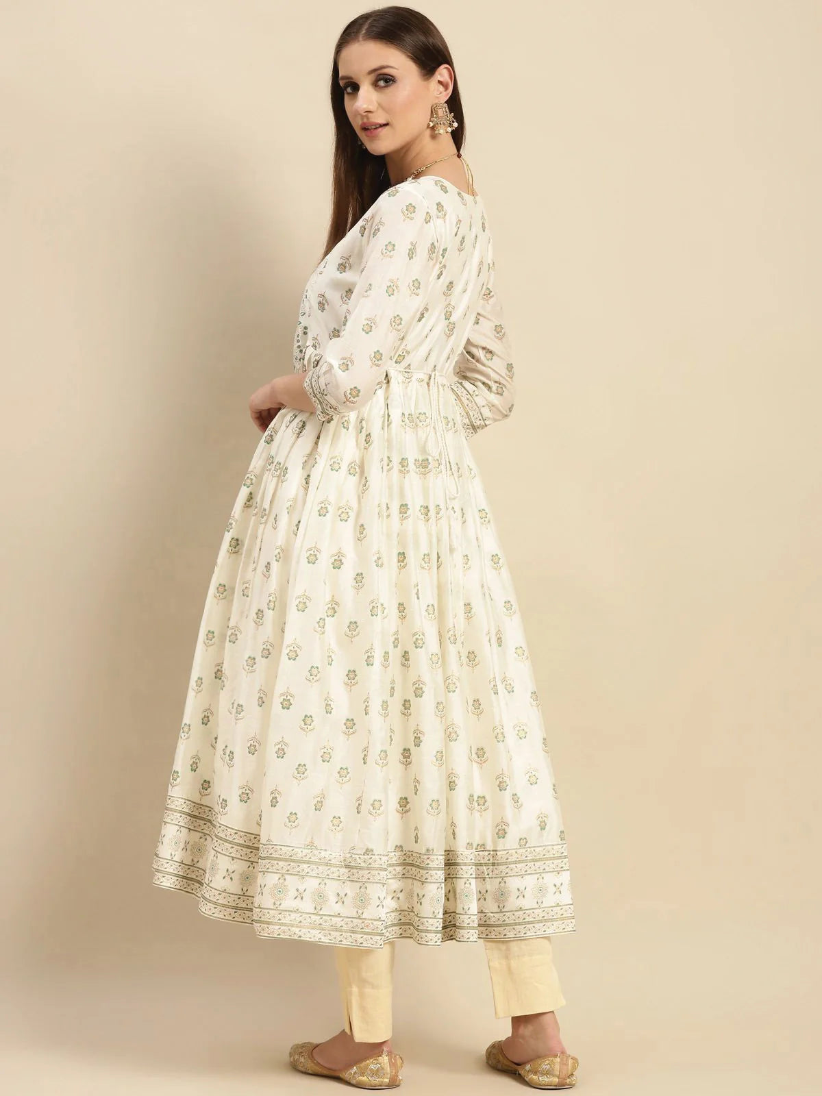 Buy Stone Work Placement Printed Calf Length Partywear Kurta With Gathers At Side-Off White