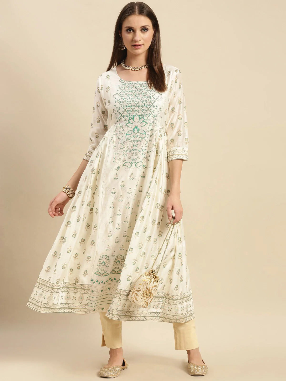 Buy Stone Work Placement Printed Calf Length Partywear Kurta With Gathers At Side-Off White