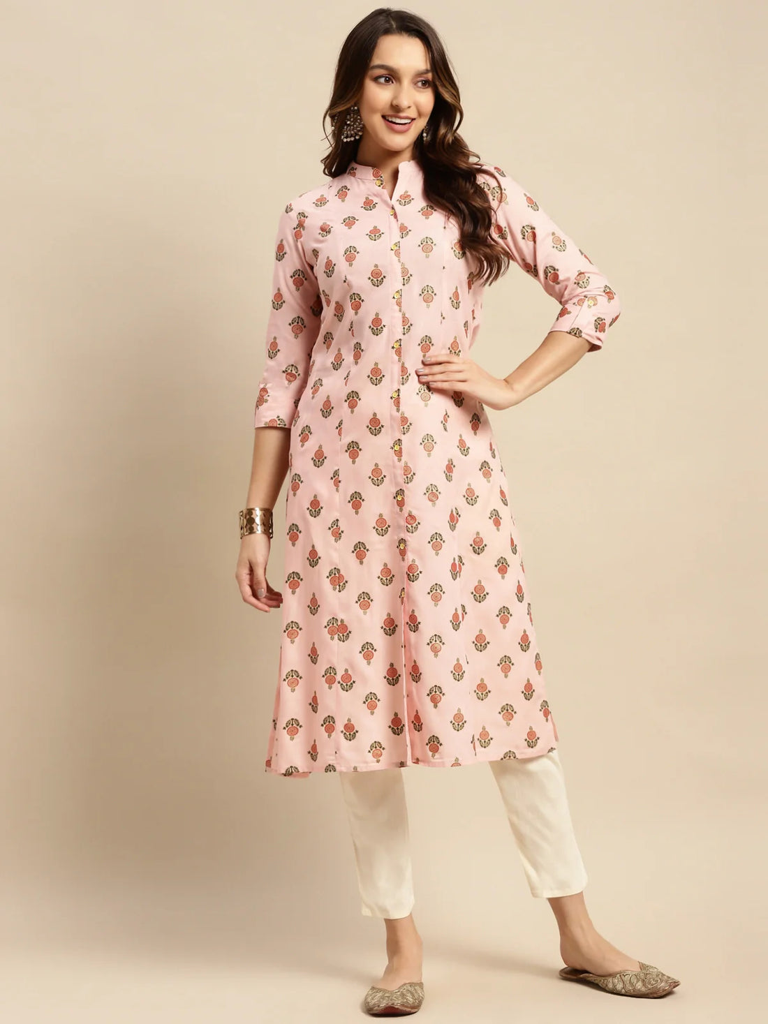 Buy Rayon Printed Calf Length A-line Kurta With Front Button Placket-Peach