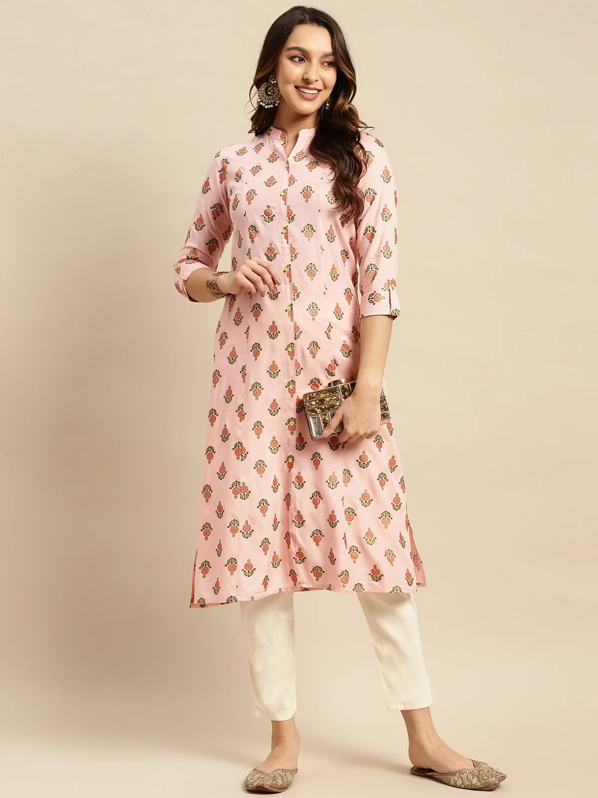 Buy Rayon Printed Calf Length A-line Kurta With Front Button Placket-Peach