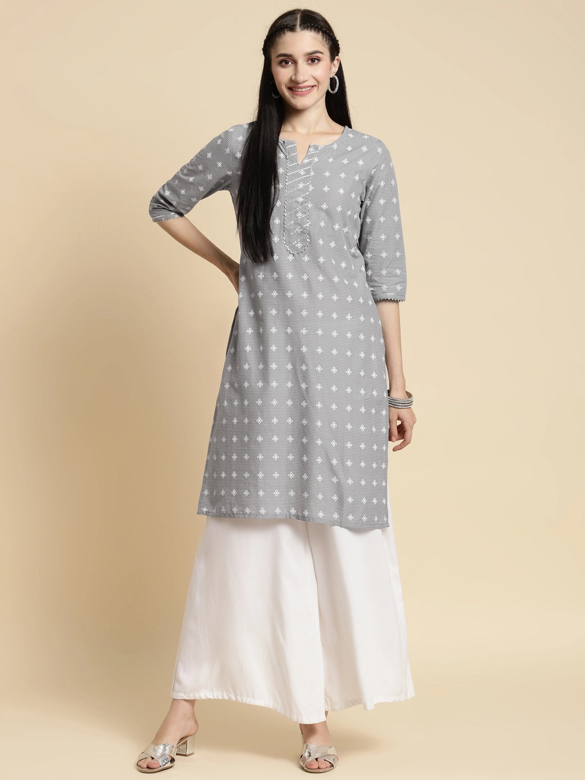 Buy 100% Cotton Gota Lace At Yoke Knee Length Straight Kurta-Light Grey