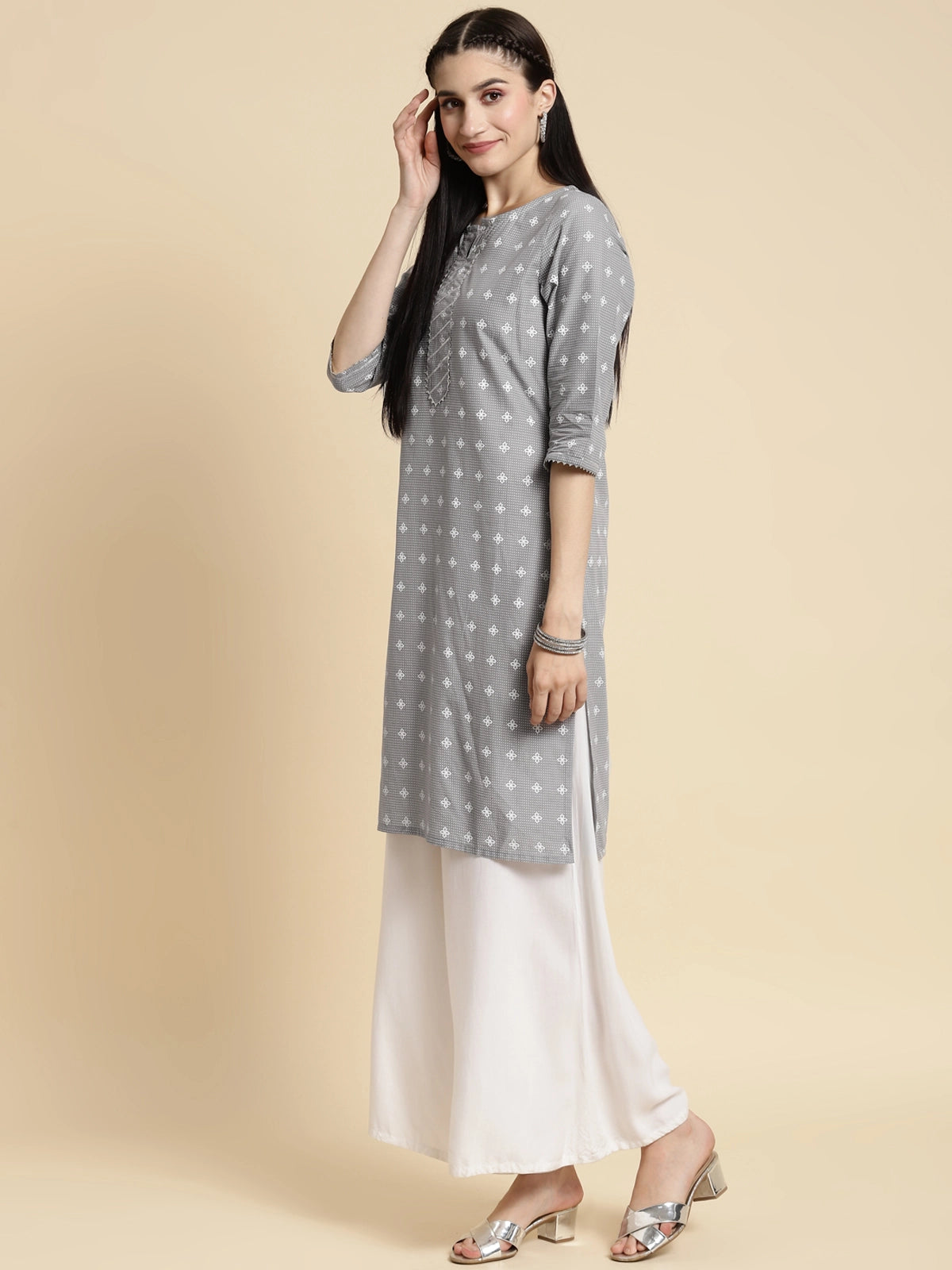 Buy 100% Cotton Gota Lace At Yoke Knee Length Straight Kurta-Light Grey