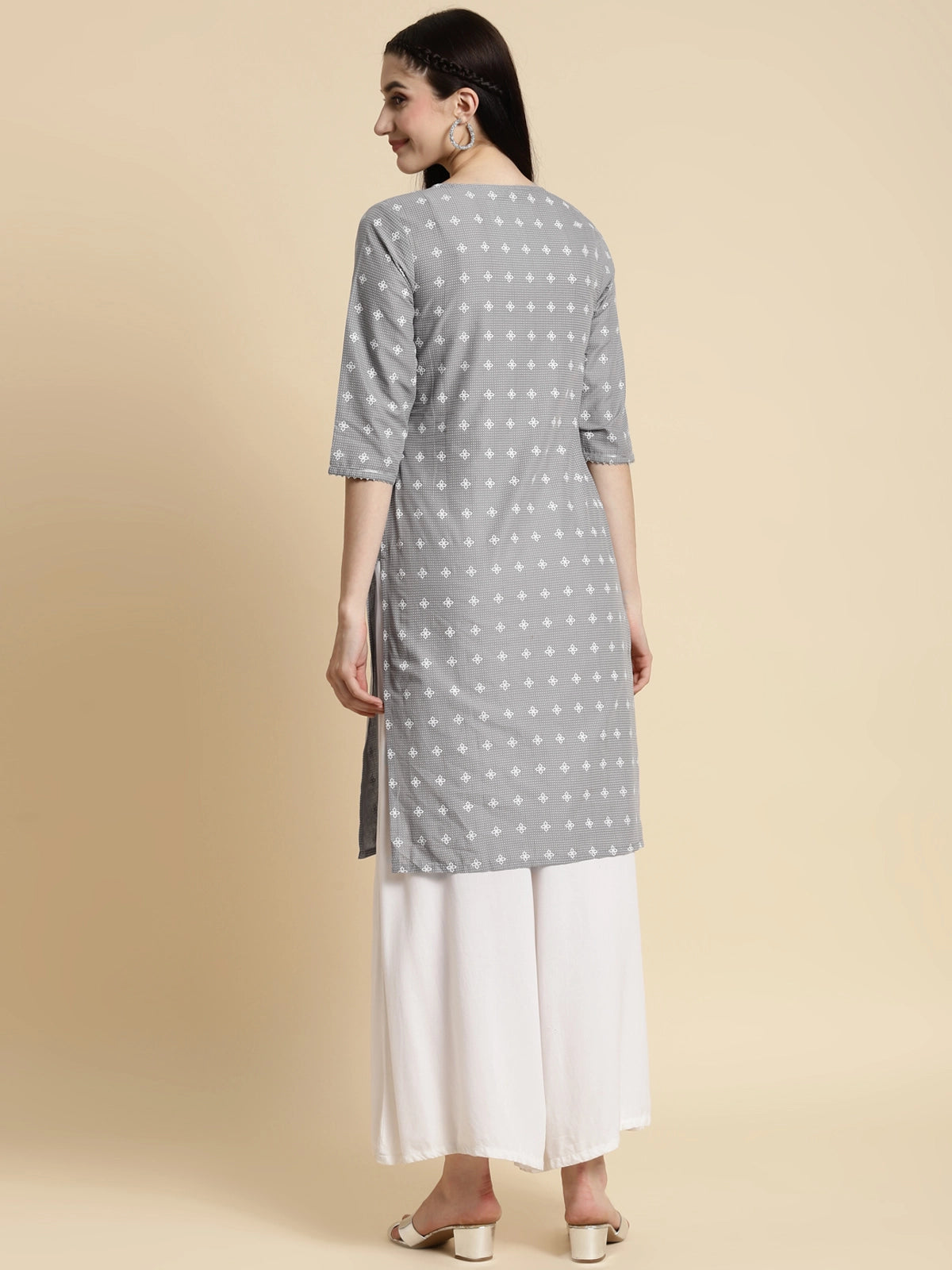 Buy 100% Cotton Gota Lace At Yoke Knee Length Straight Kurta-Light Grey