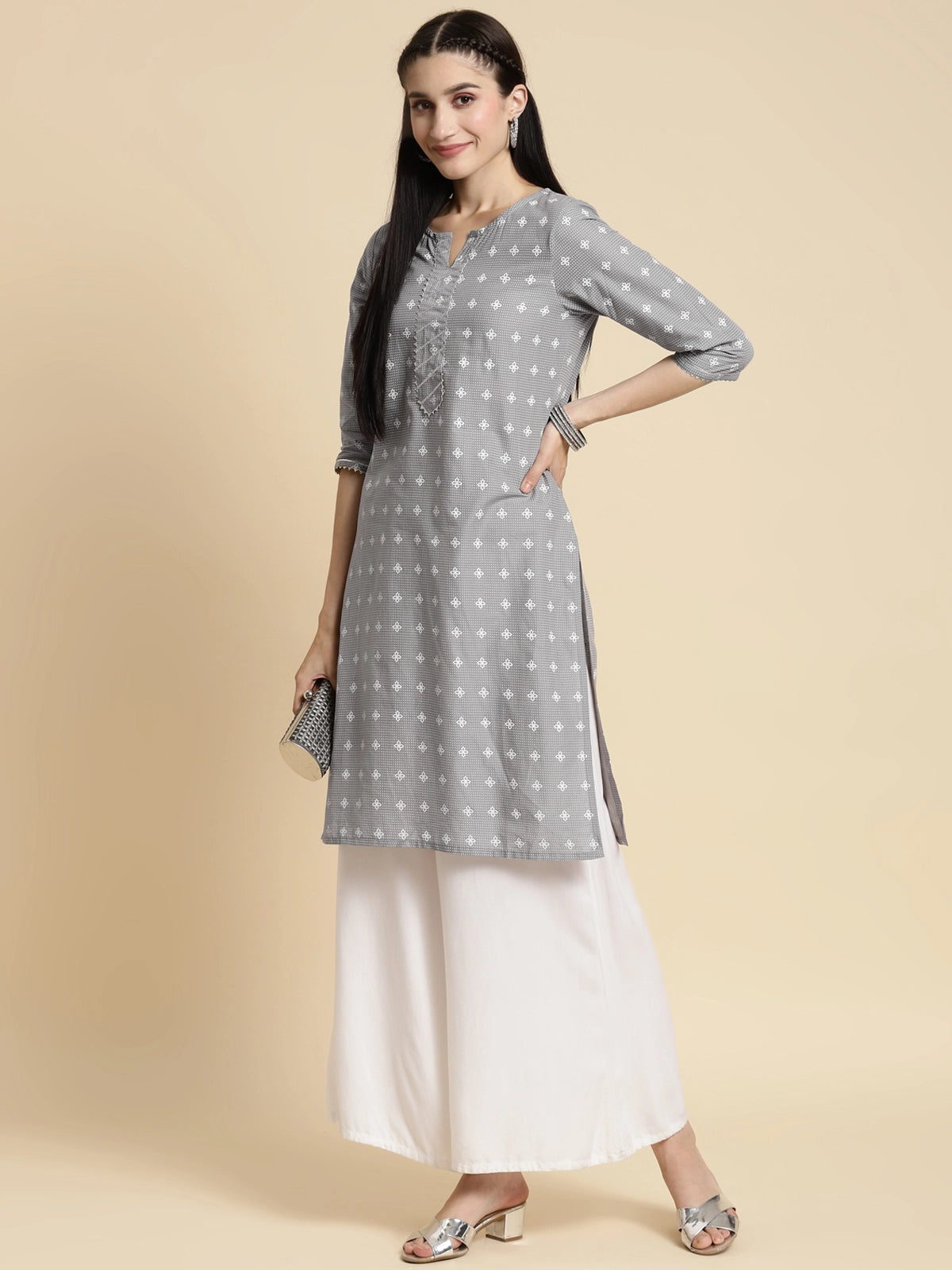 Buy 100% Cotton Gota Lace At Yoke Knee Length Straight Kurta-Light Grey